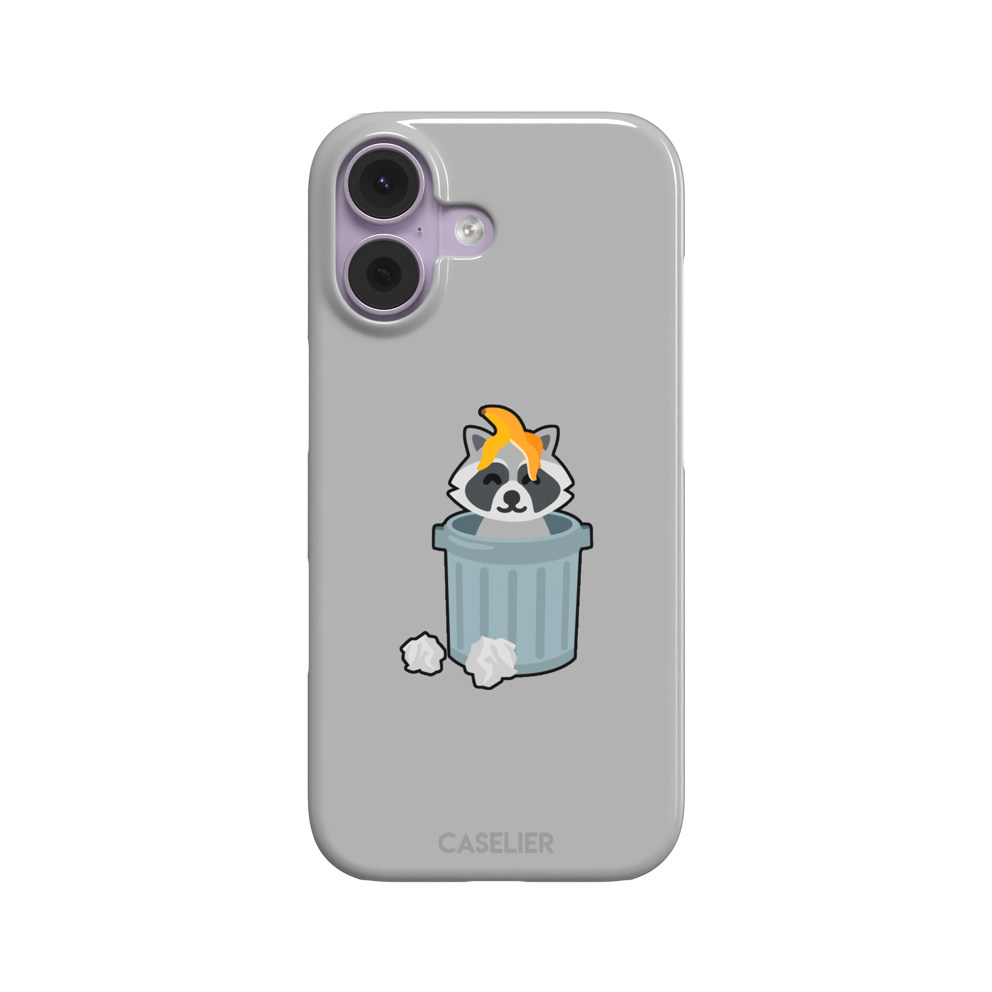 Grey phone case featuring a cute cartoon raccoon sitting inside a metal trash can with an orange food scrap on its head and crumpled paper on the ground, phone case by Caselier — snap case, front view