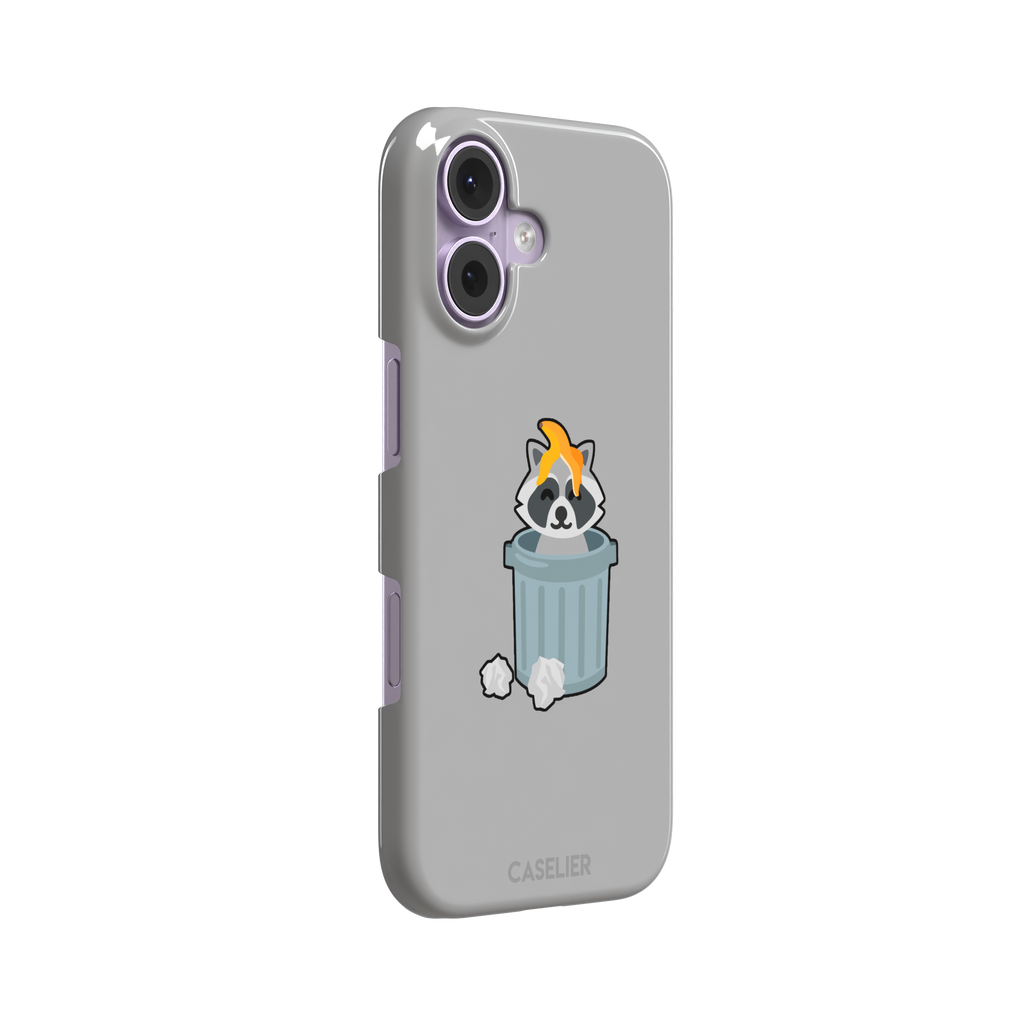 Grey phone case featuring a cute cartoon raccoon sitting inside a metal trash can with an orange food scrap on its head and crumpled paper on the ground, phone case by Caselier — snap case, left view