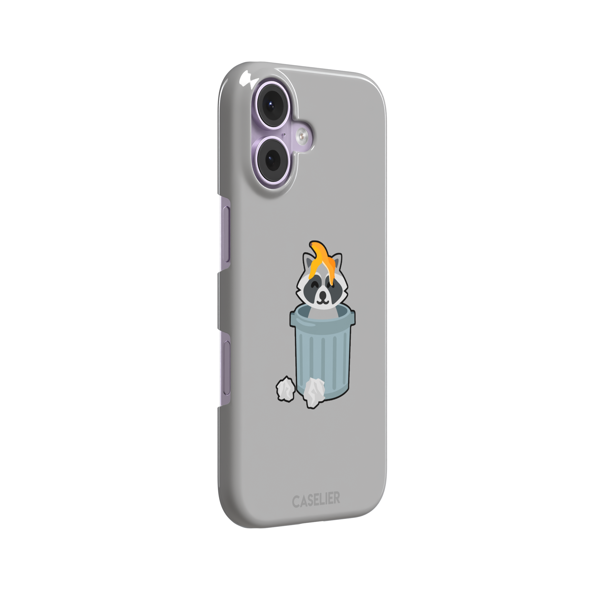 Grey phone case featuring a cute cartoon raccoon sitting inside a metal trash can with an orange food scrap on its head and crumpled paper on the ground, phone case by Caselier — snap case, left view