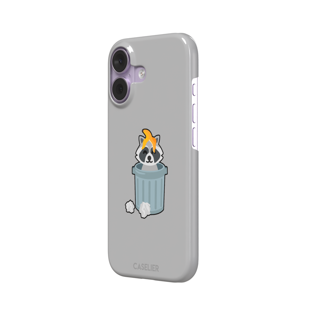 Grey phone case featuring a cute cartoon raccoon sitting inside a metal trash can with an orange food scrap on its head and crumpled paper on the ground, phone case by Caselier — snap case, right view