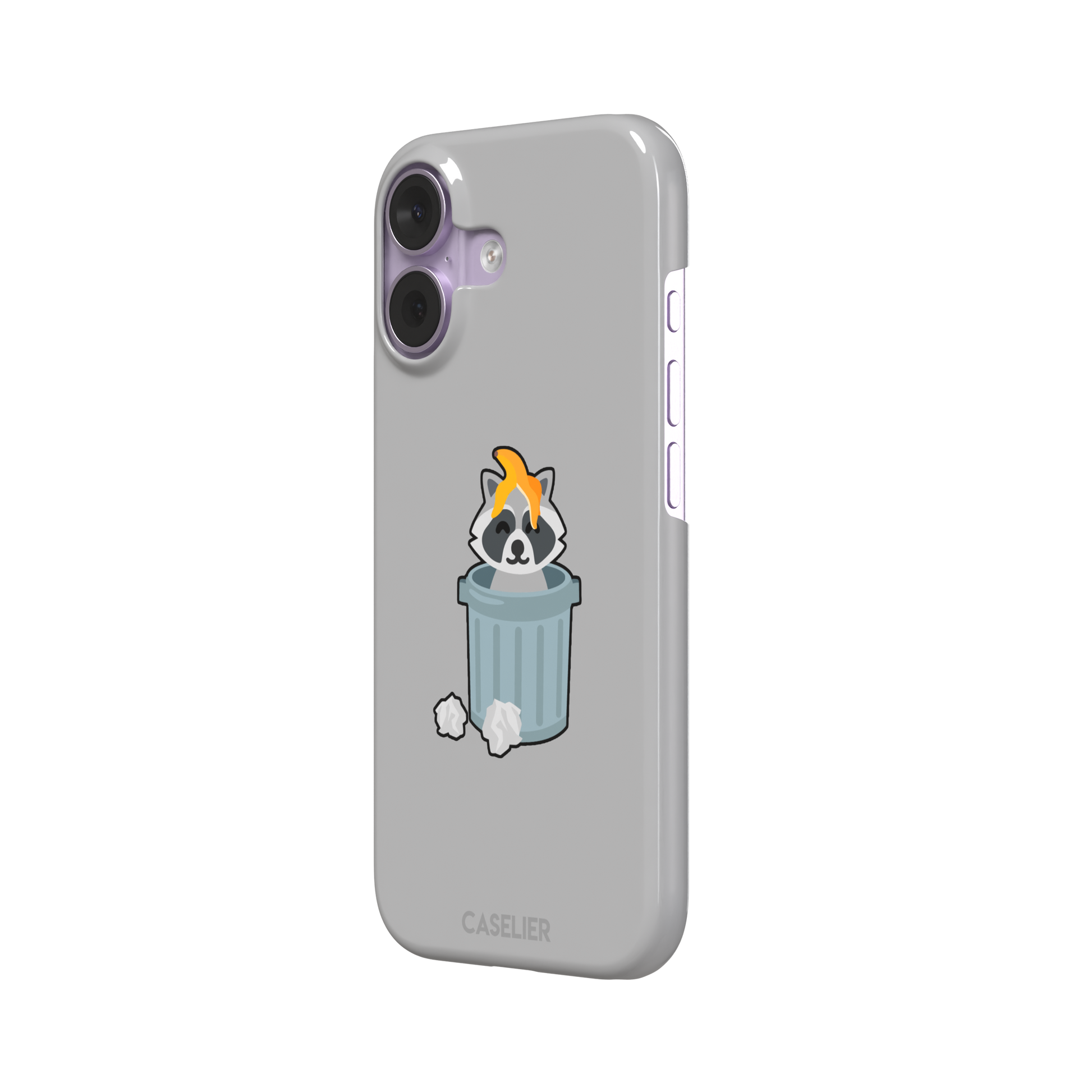 Grey phone case featuring a cute cartoon raccoon sitting inside a metal trash can with an orange food scrap on its head and crumpled paper on the ground, phone case by Caselier — snap case, right view