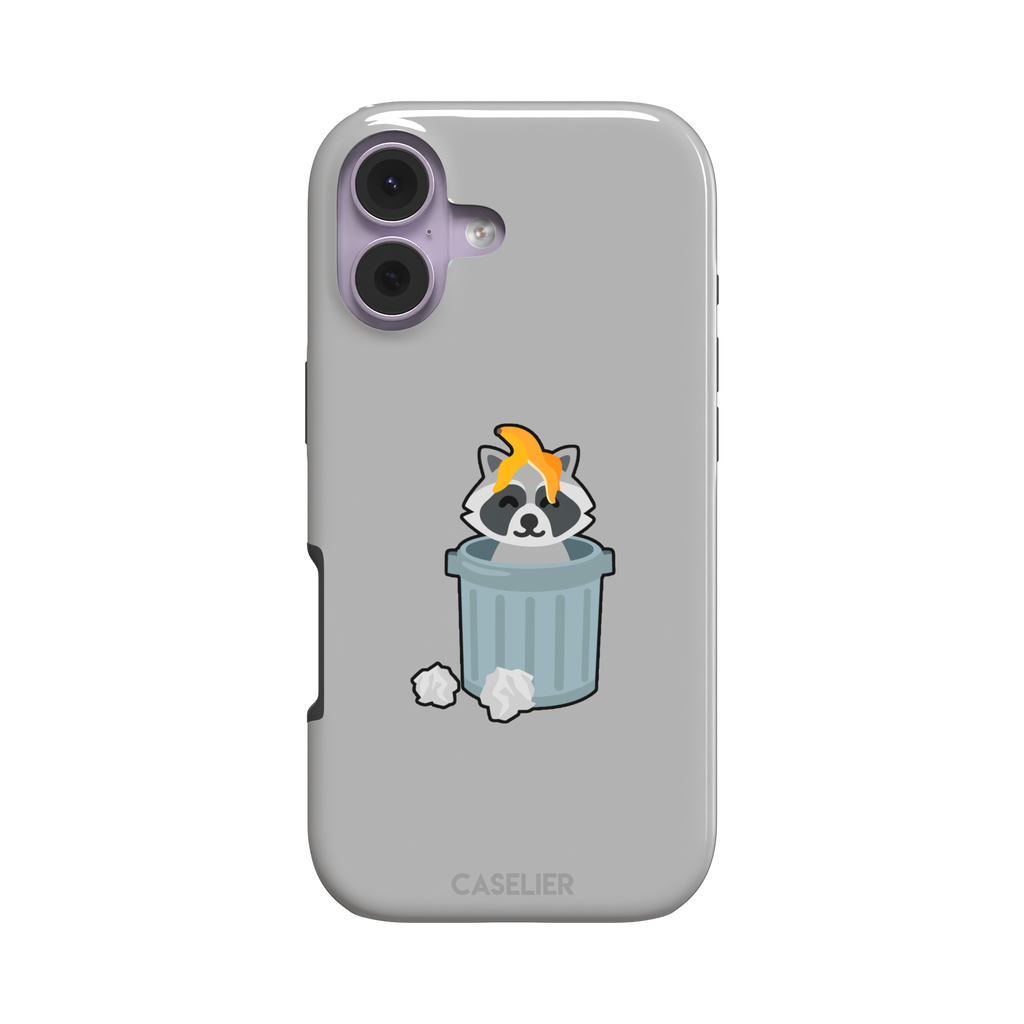 Grey phone case featuring a cute cartoon raccoon sitting inside a metal trash can with an orange food scrap on its head and crumpled paper on the ground, phone case by Caselier — tough case, front view