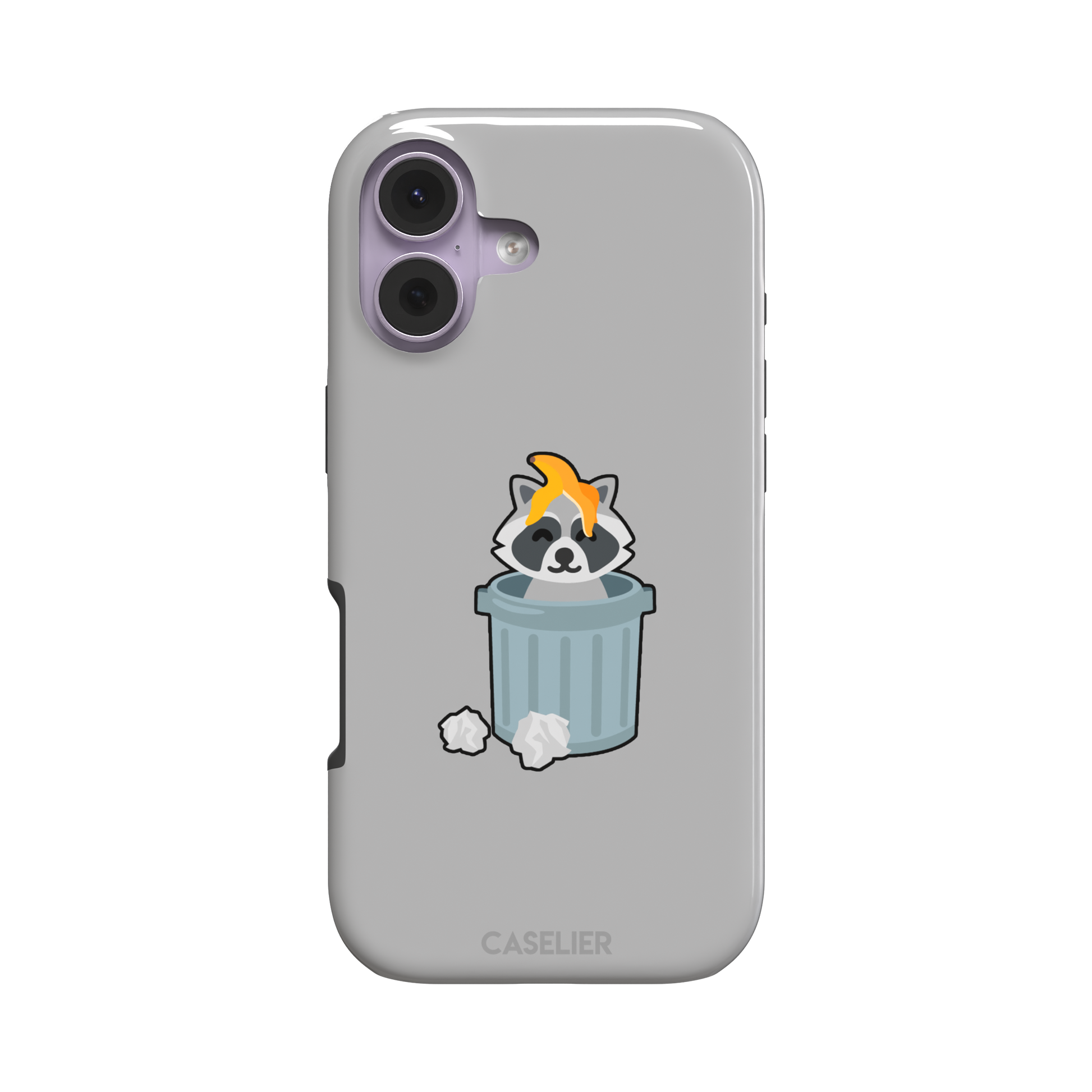 Grey phone case featuring a cute cartoon raccoon sitting inside a metal trash can with an orange food scrap on its head and crumpled paper on the ground, phone case by Caselier — tough case, front view