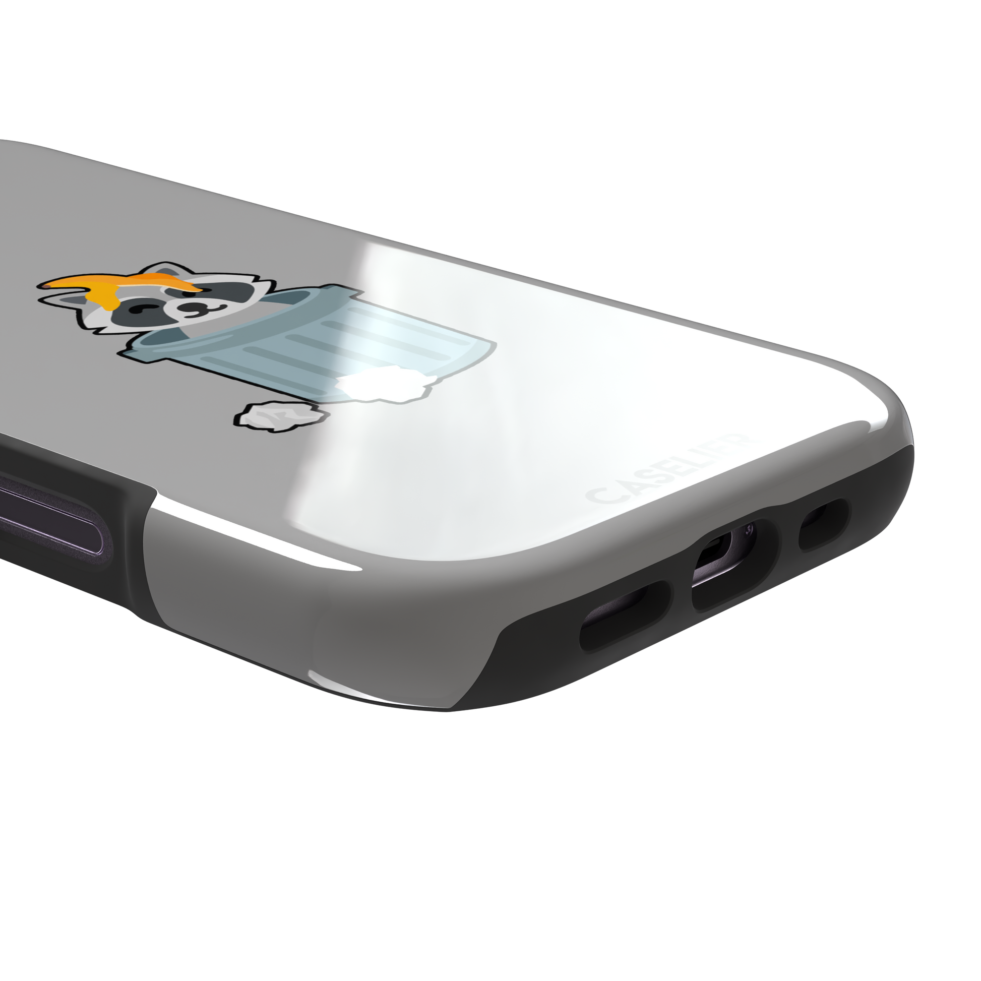 Grey phone case featuring a cute cartoon raccoon sitting inside a metal trash can with an orange food scrap on its head and crumpled paper on the ground, phone case by Caselier — tough case, charging port detail