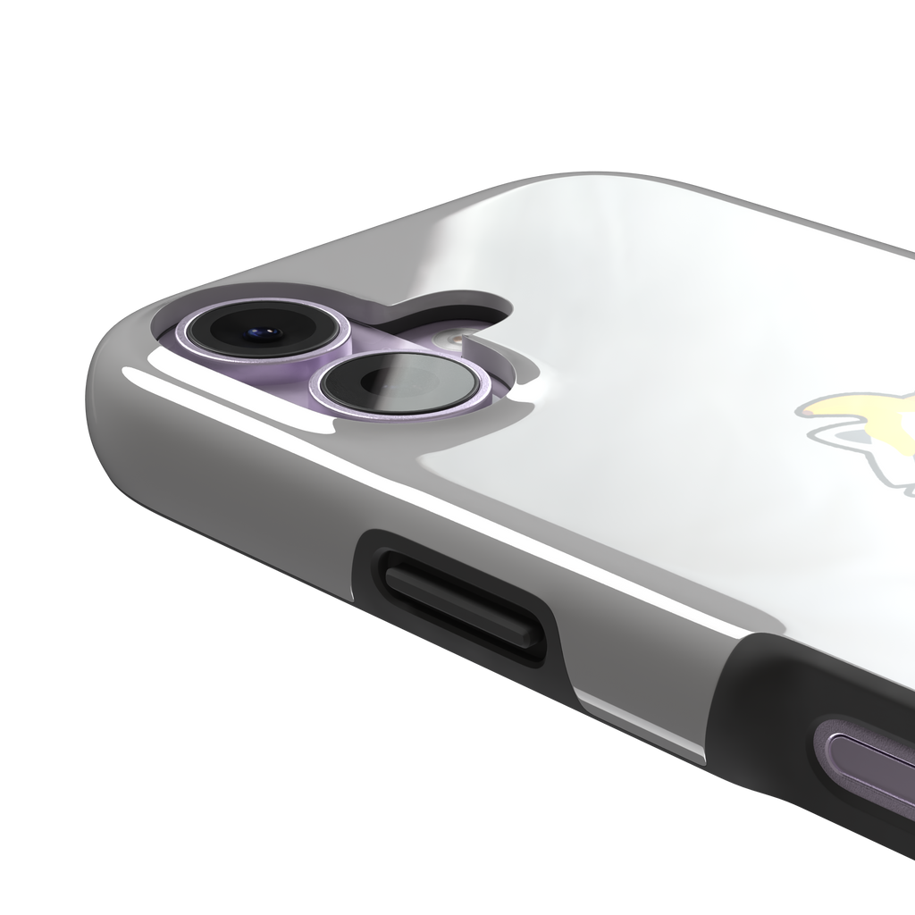Grey phone case featuring a cute cartoon raccoon sitting inside a metal trash can with an orange food scrap on its head and crumpled paper on the ground, phone case by Caselier — tough case, volume buttons detail