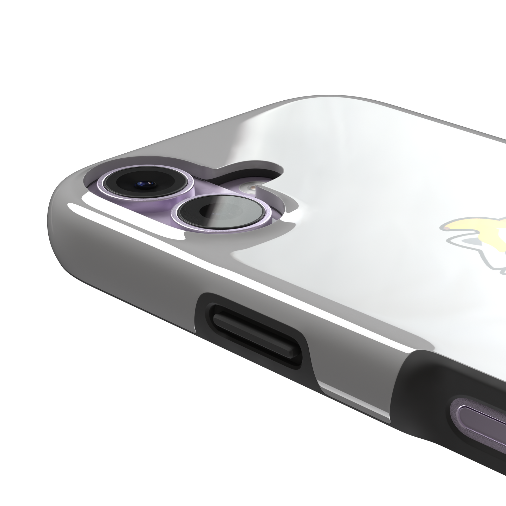 Grey phone case featuring a cute cartoon raccoon sitting inside a metal trash can with an orange food scrap on its head and crumpled paper on the ground, phone case by Caselier — tough case, volume buttons detail