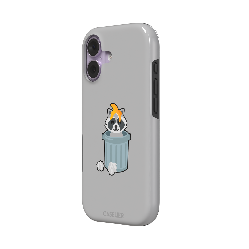 Grey phone case featuring a cute cartoon raccoon sitting inside a metal trash can with an orange food scrap on its head and crumpled paper on the ground, phone case by Caselier — tough case, right view