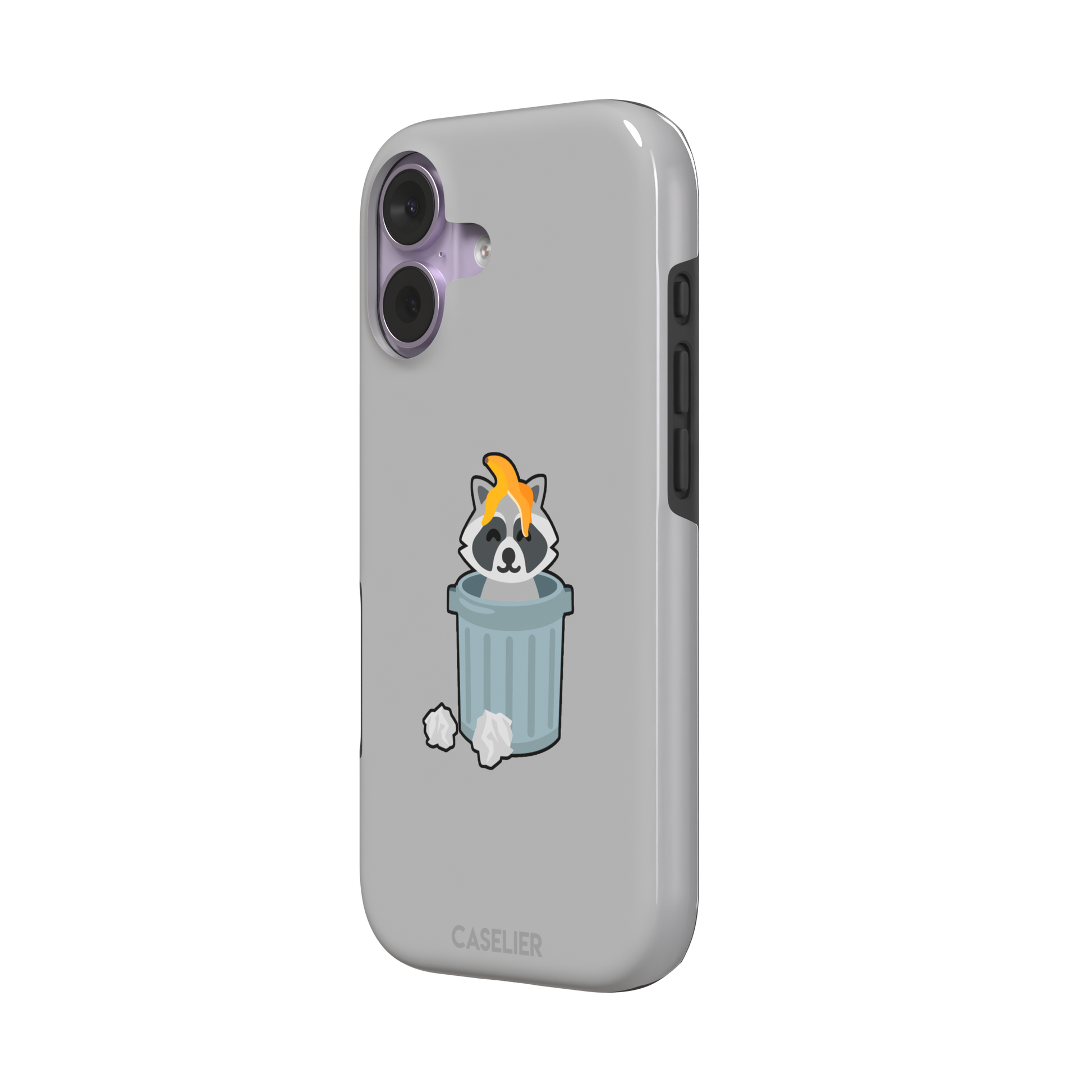 Grey phone case featuring a cute cartoon raccoon sitting inside a metal trash can with an orange food scrap on its head and crumpled paper on the ground, phone case by Caselier — tough case, right view