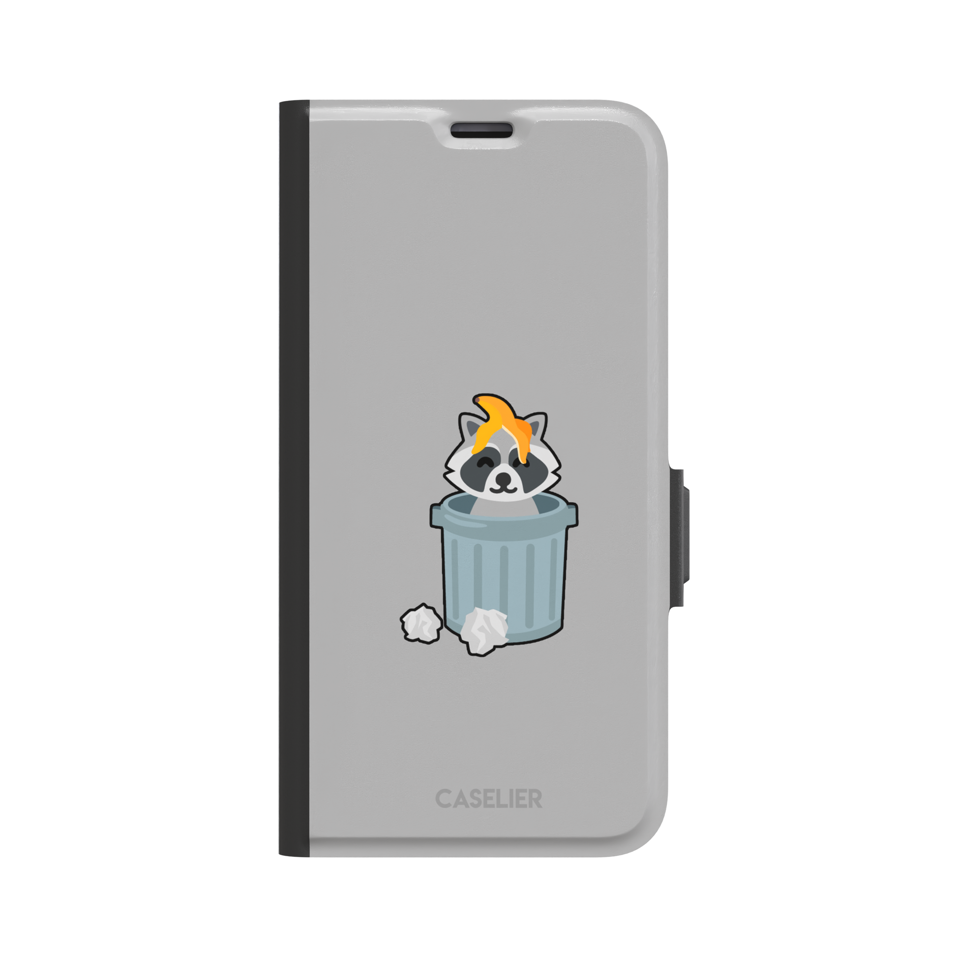 Grey phone case featuring a cute cartoon raccoon sitting inside a metal trash can with an orange food scrap on its head and crumpled paper on the ground, phone case by Caselier — wallet case, front view
