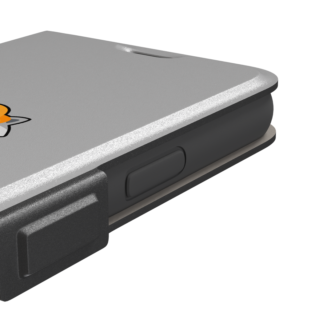 Grey phone case featuring a cute cartoon raccoon sitting inside a metal trash can with an orange food scrap on its head and crumpled paper on the ground, phone case by Caselier — wallet case, volume buttons detail