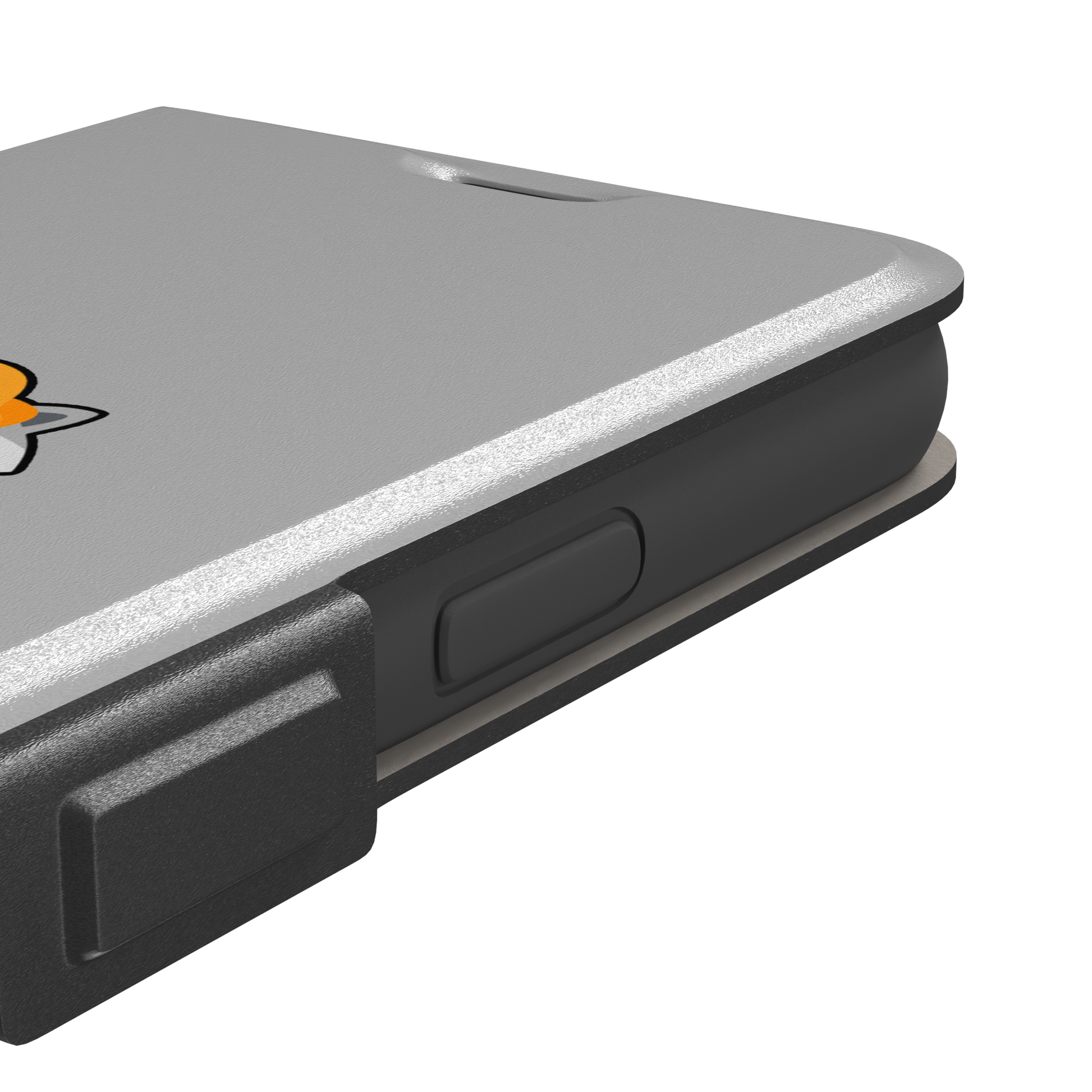 Grey phone case featuring a cute cartoon raccoon sitting inside a metal trash can with an orange food scrap on its head and crumpled paper on the ground, phone case by Caselier — wallet case, volume buttons detail