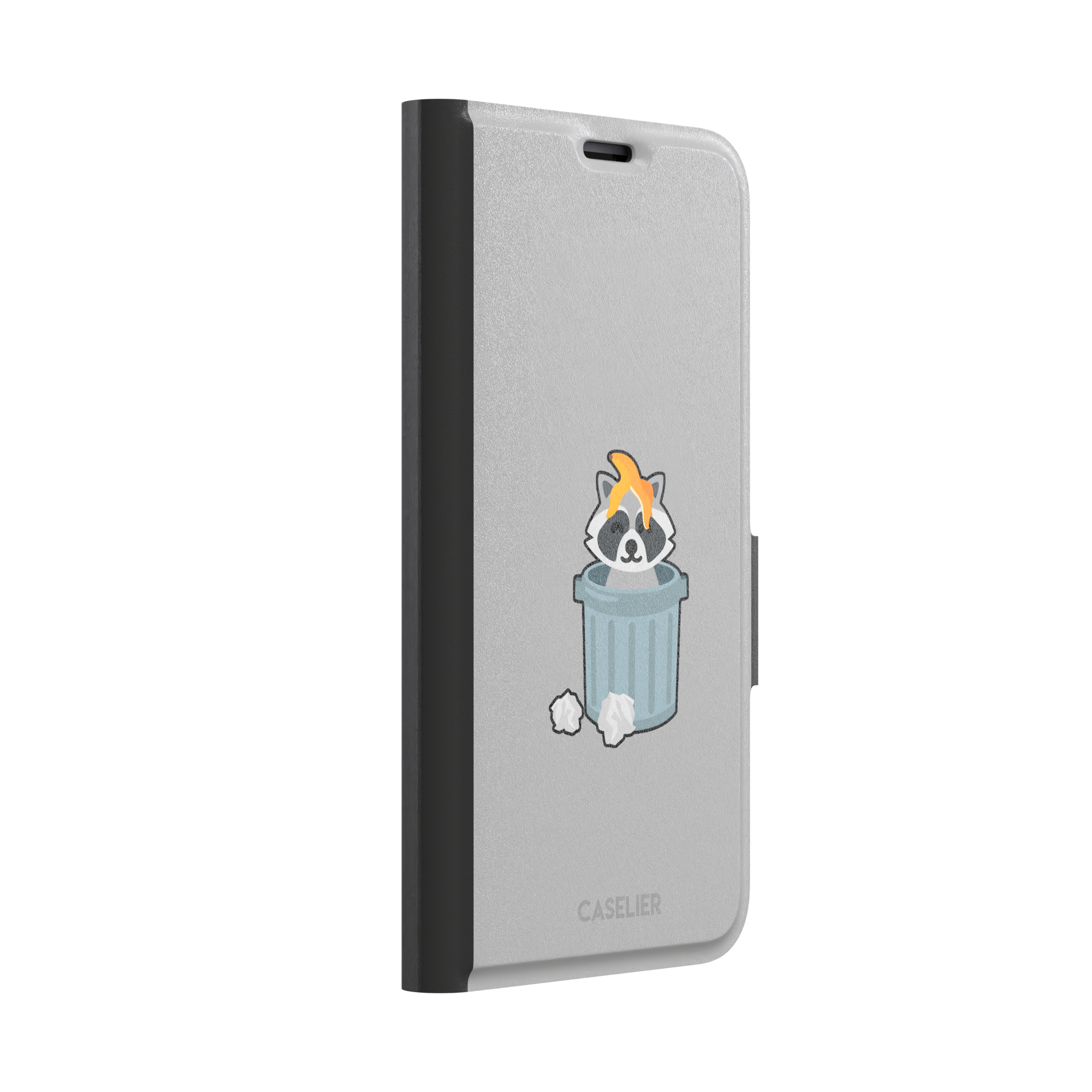 Grey phone case featuring a cute cartoon raccoon sitting inside a metal trash can with an orange food scrap on its head and crumpled paper on the ground, phone case by Caselier — wallet case, left view