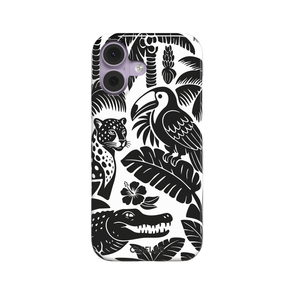 Tropical phone case in monochrome black and white showing the same jungle illustration of a leopard, toucan, crocodile, and tropical foliage — snap case, front view
