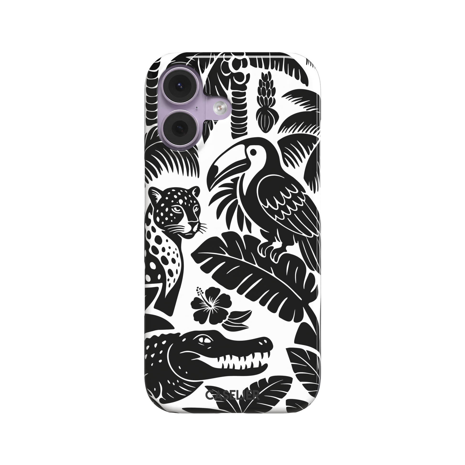 Tropical phone case in monochrome black and white showing the same jungle illustration of a leopard, toucan, crocodile, and tropical foliage — snap case, front view