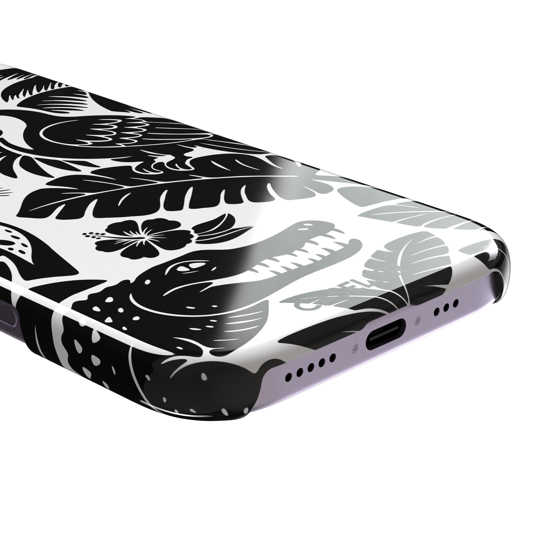Tropical phone case in monochrome black and white showing the same jungle illustration of a leopard, toucan, crocodile, and tropical foliage — snap case, charging port detail