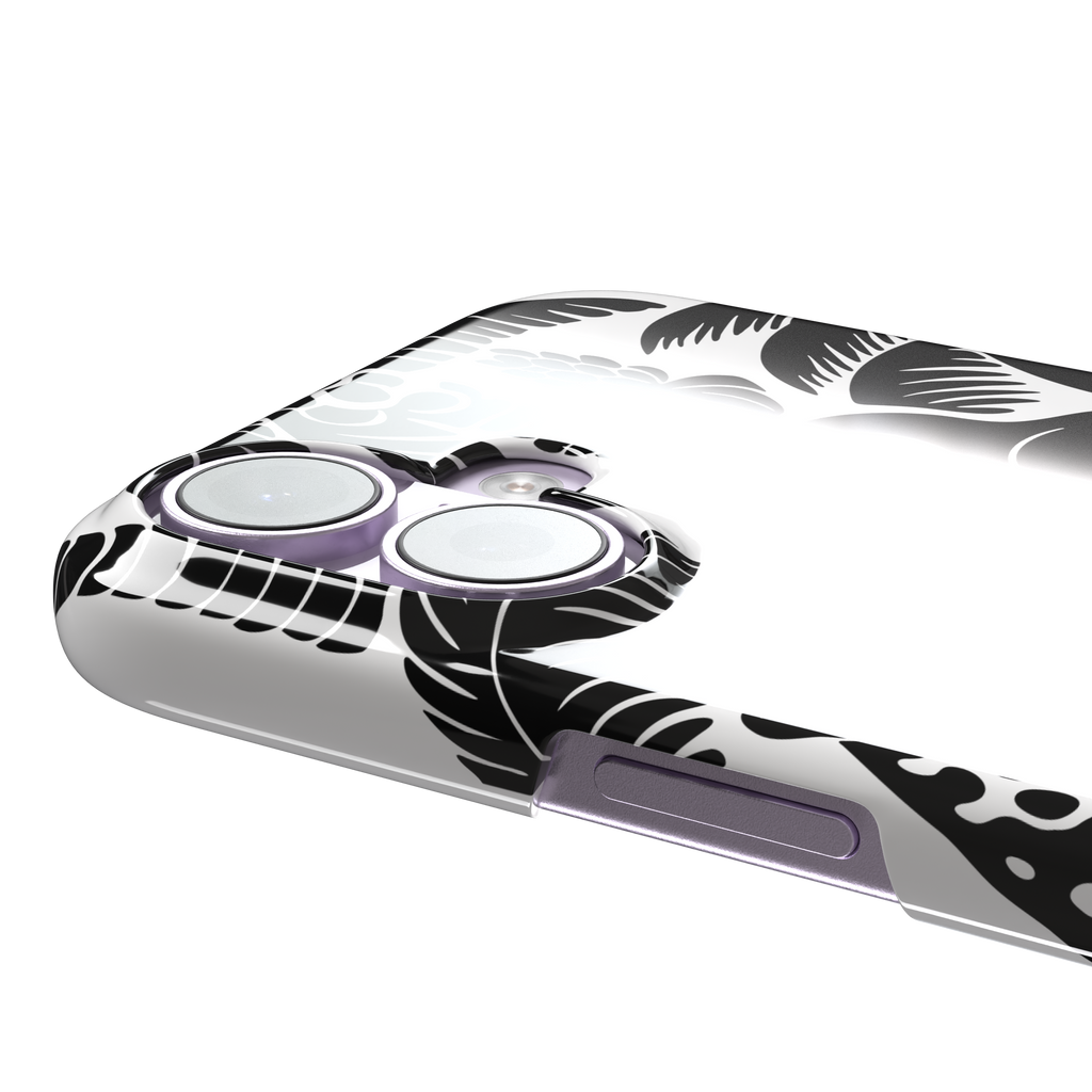 Tropical phone case in monochrome black and white showing the same jungle illustration of a leopard, toucan, crocodile, and tropical foliage — snap case, volume buttons detail