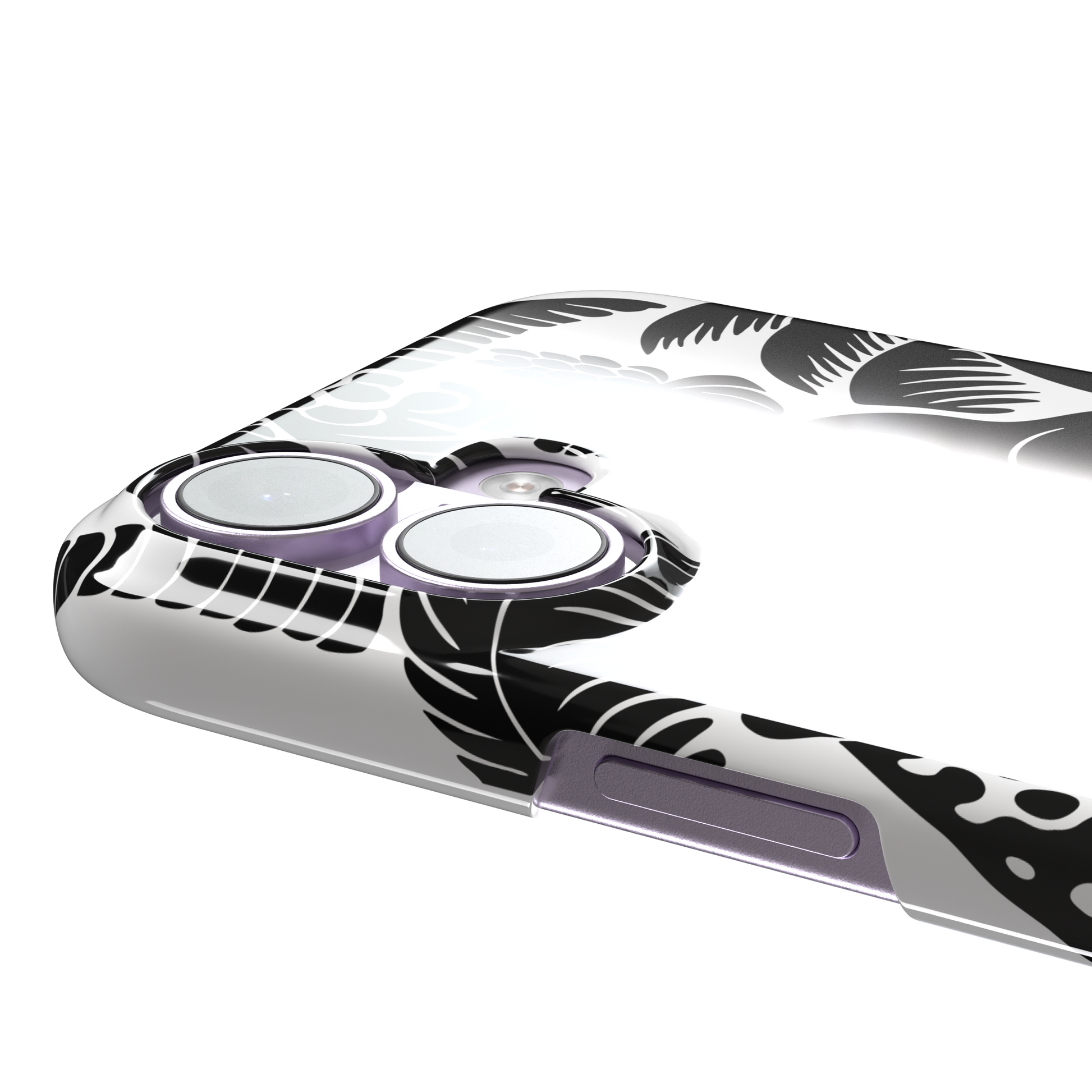 Tropical phone case in monochrome black and white showing the same jungle illustration of a leopard, toucan, crocodile, and tropical foliage — snap case, volume buttons detail