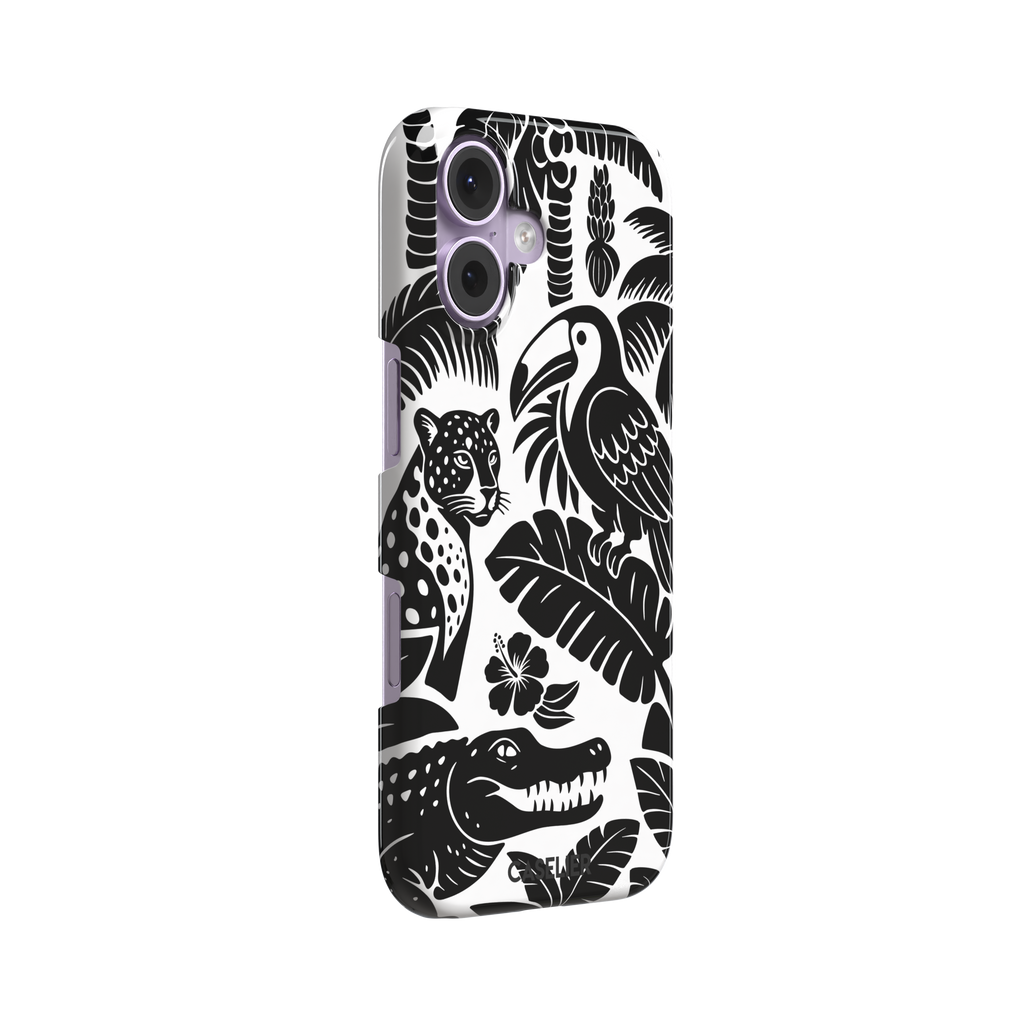 Tropical phone case in monochrome black and white showing the same jungle illustration of a leopard, toucan, crocodile, and tropical foliage — snap case, left view