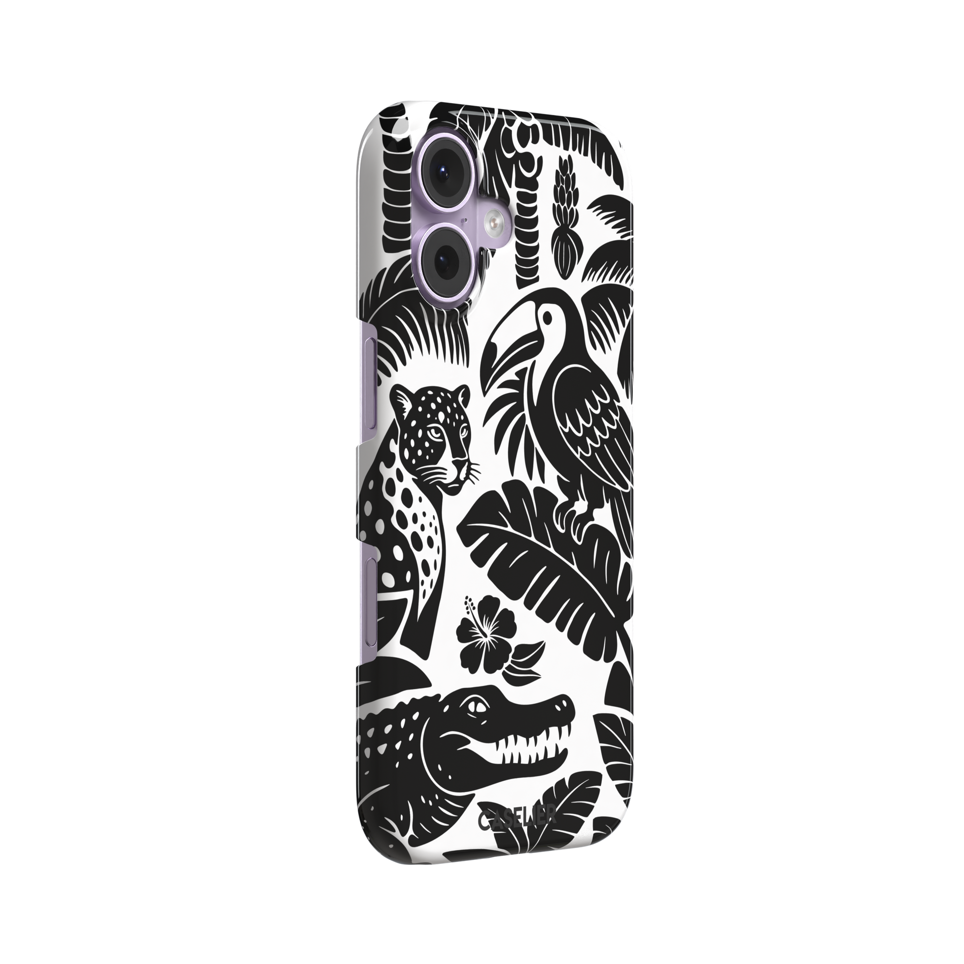 Tropical phone case in monochrome black and white showing the same jungle illustration of a leopard, toucan, crocodile, and tropical foliage — snap case, left view