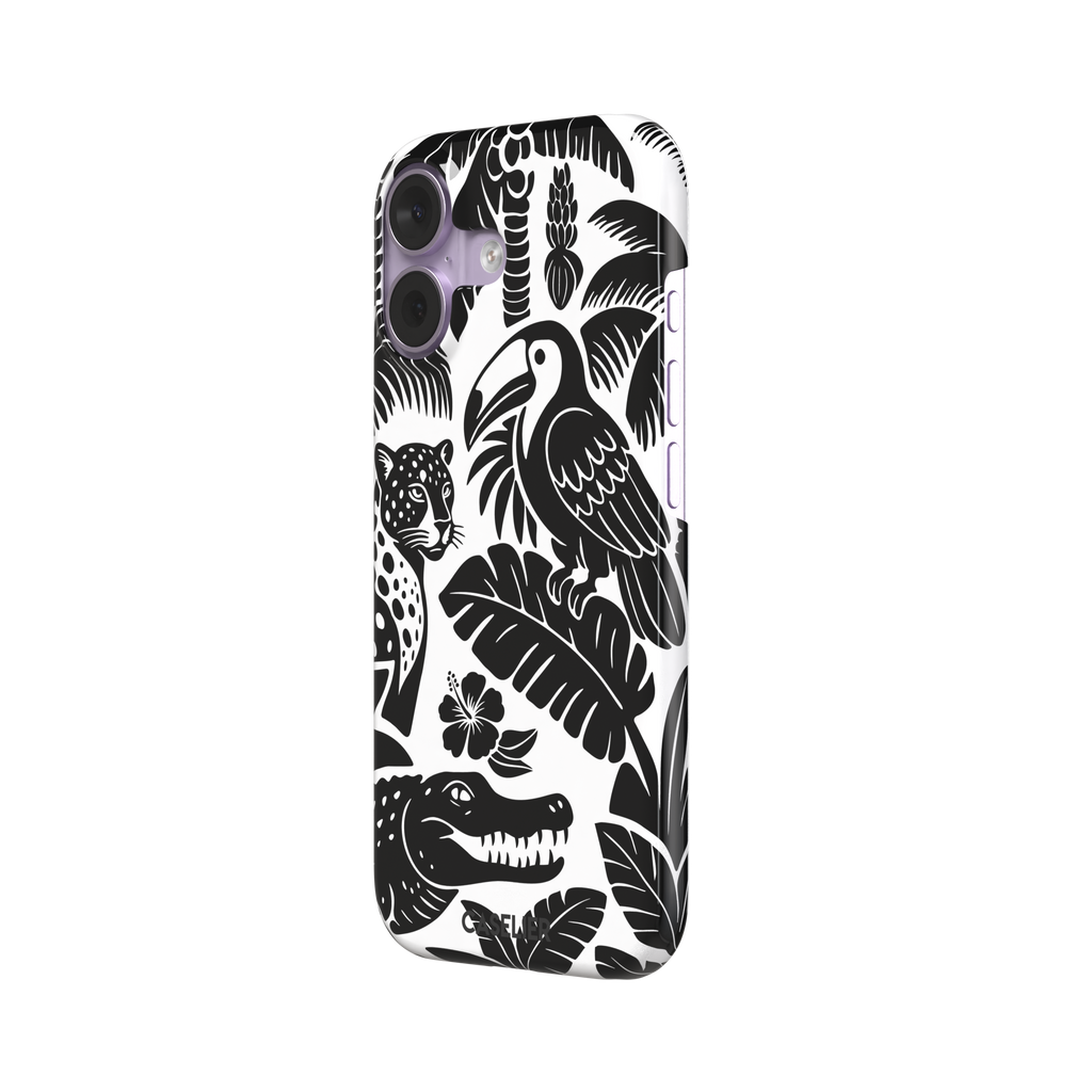 Tropical phone case in monochrome black and white showing the same jungle illustration of a leopard, toucan, crocodile, and tropical foliage — snap case, right view