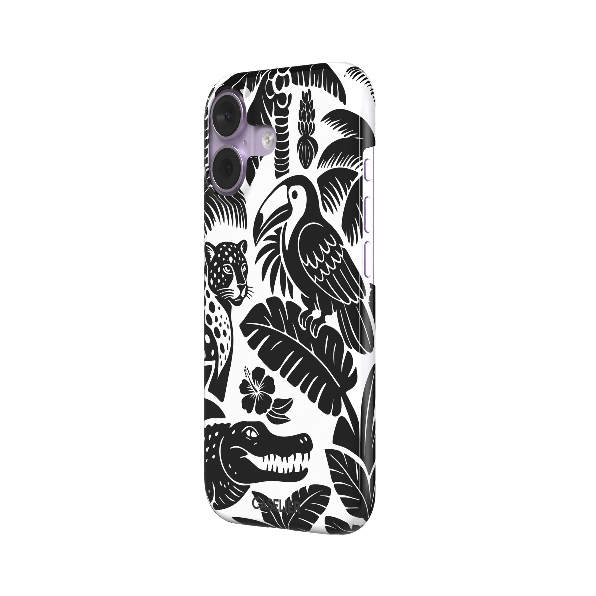 Tropical phone case in monochrome black and white showing the same jungle illustration of a leopard, toucan, crocodile, and tropical foliage — snap case, right view