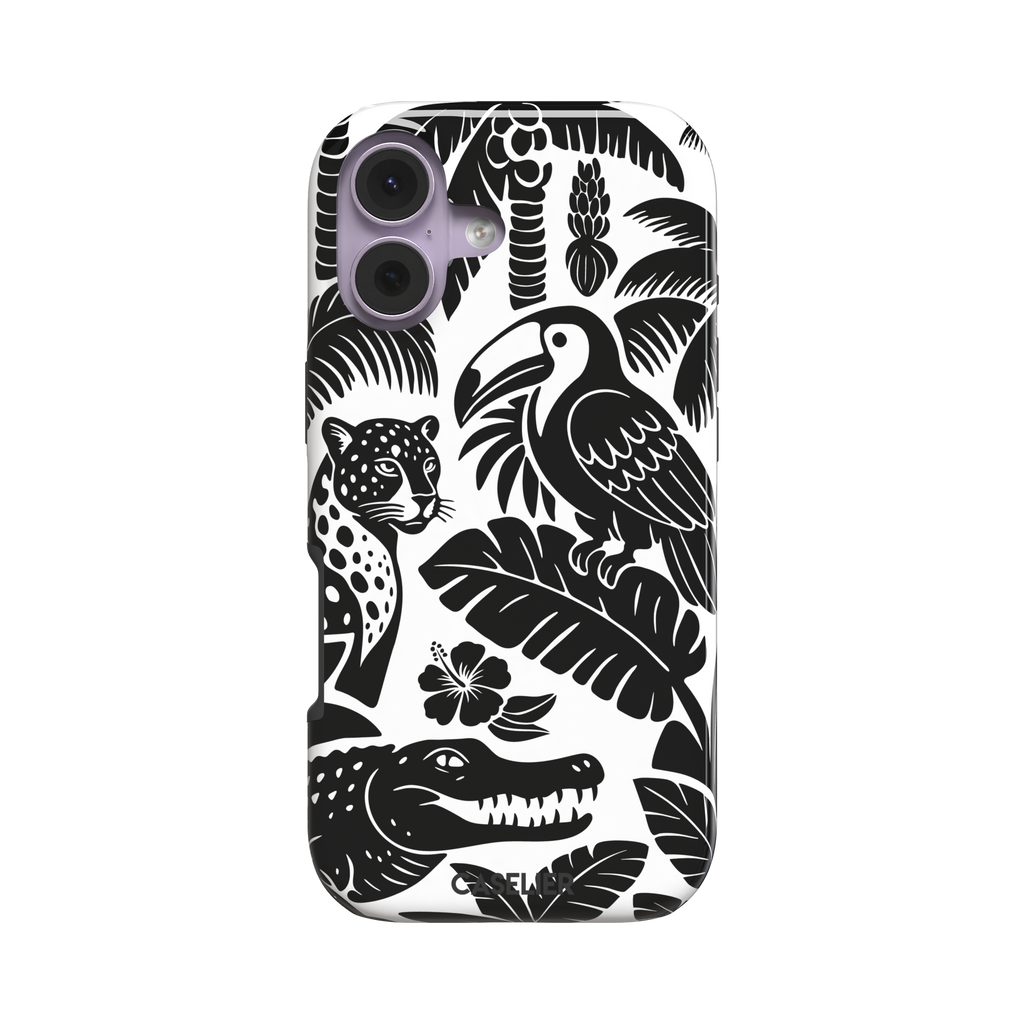 Tropical phone case in monochrome black and white showing the same jungle illustration of a leopard, toucan, crocodile, and tropical foliage — tough case, front view