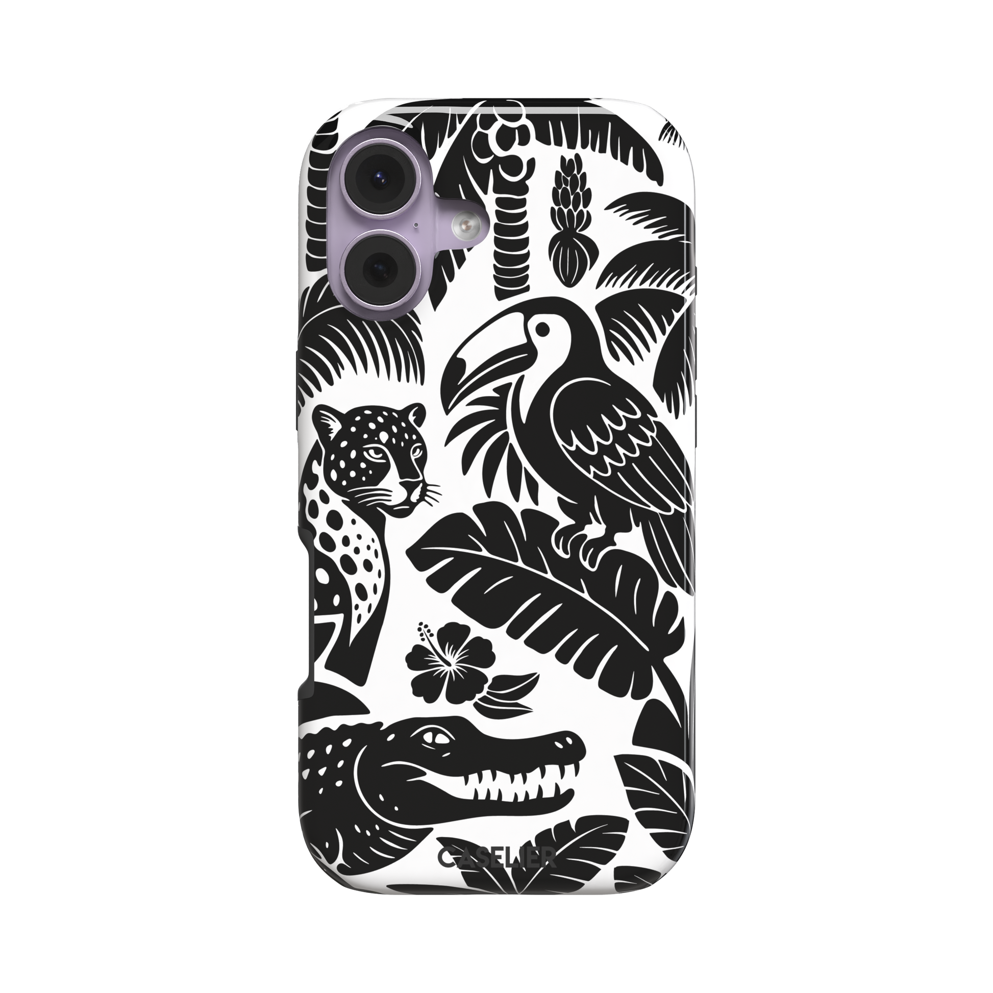 Tropical phone case in monochrome black and white showing the same jungle illustration of a leopard, toucan, crocodile, and tropical foliage — tough case, front view
