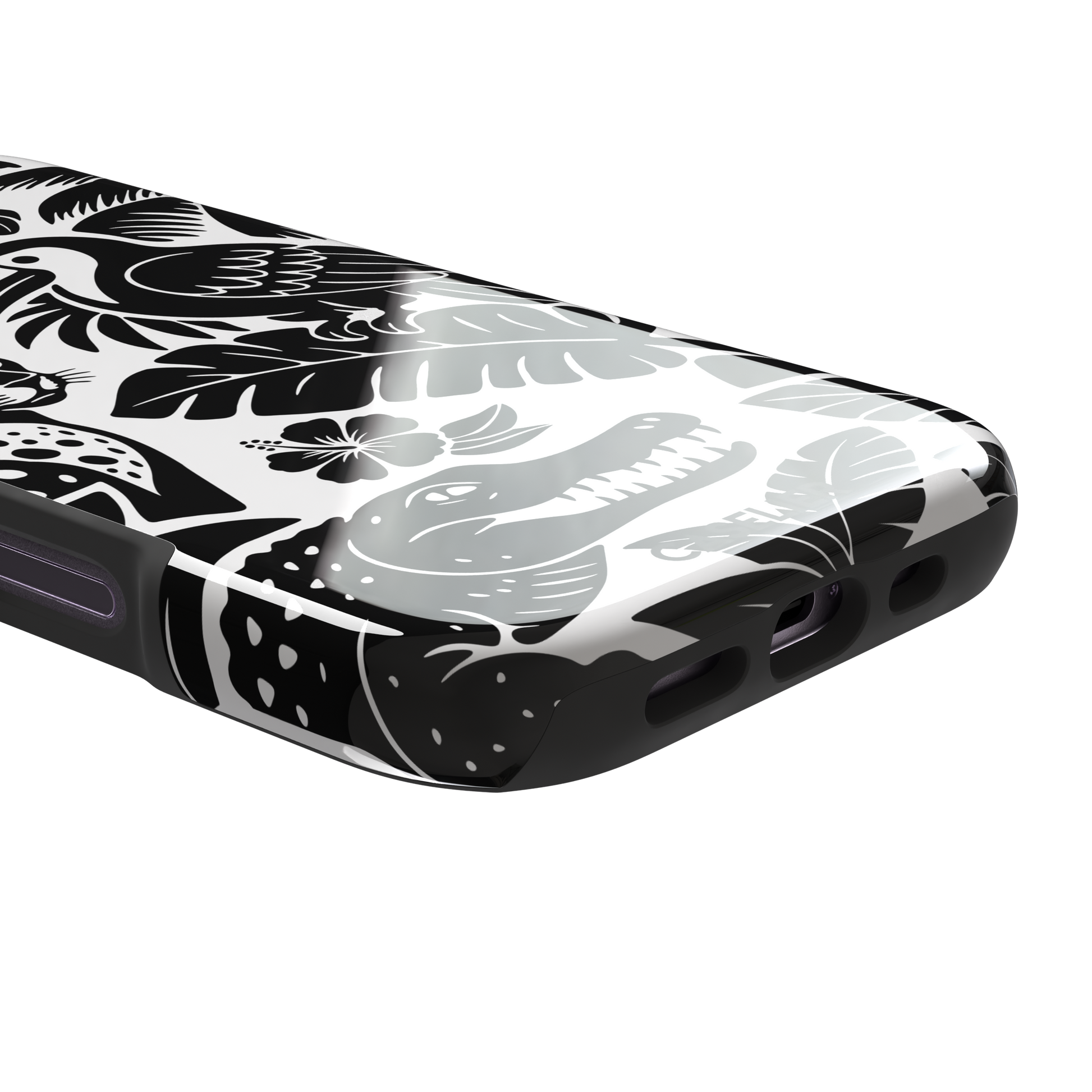 Tropical phone case in monochrome black and white showing the same jungle illustration of a leopard, toucan, crocodile, and tropical foliage — tough case, charging port detail