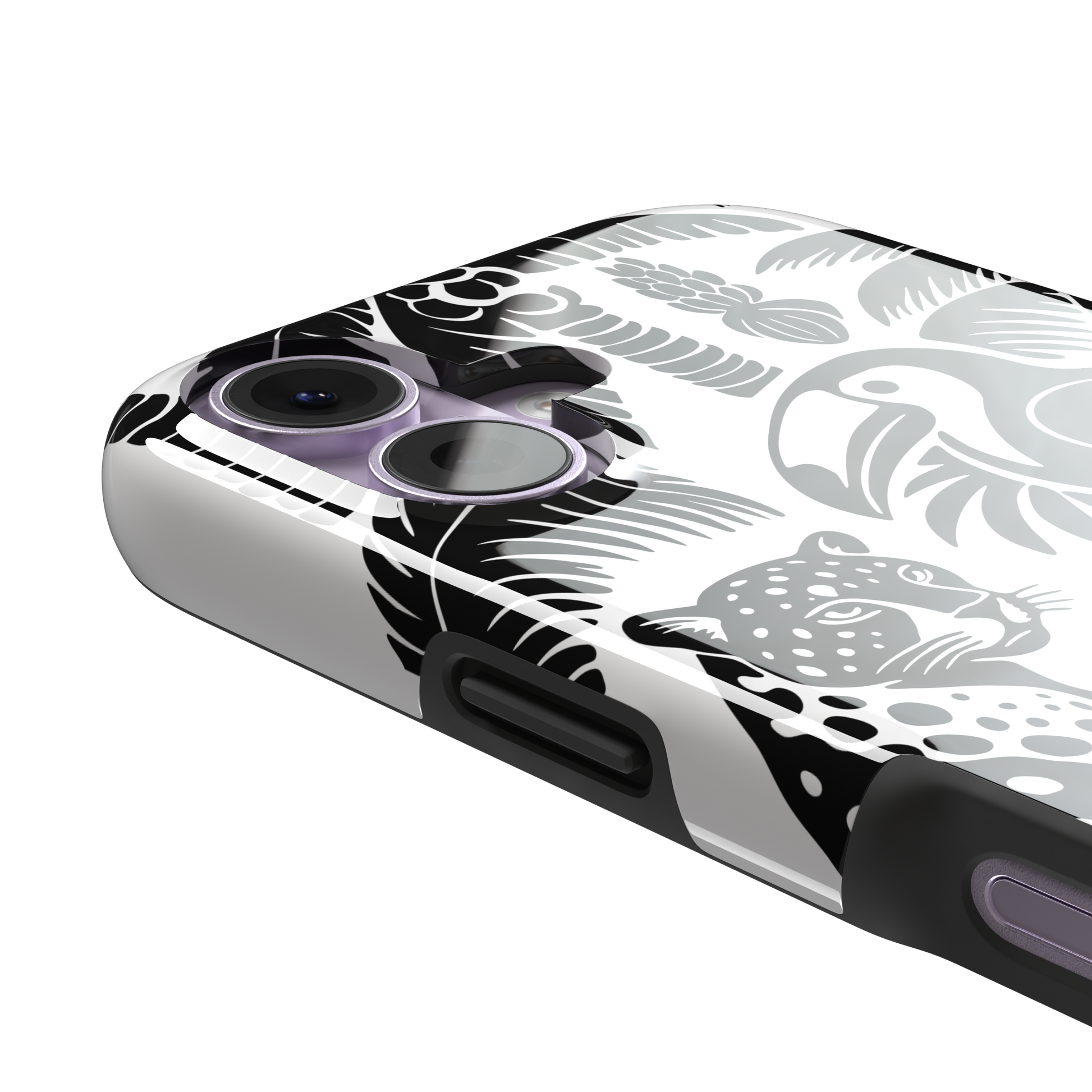Tropical phone case in monochrome black and white showing the same jungle illustration of a leopard, toucan, crocodile, and tropical foliage — tough case, volume buttons detail