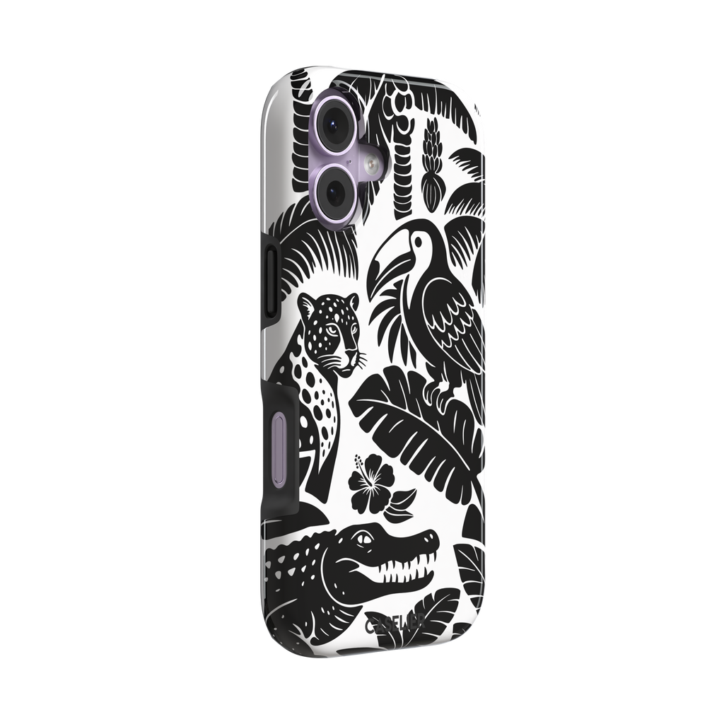 Tropical phone case in monochrome black and white showing the same jungle illustration of a leopard, toucan, crocodile, and tropical foliage — tough case, left view