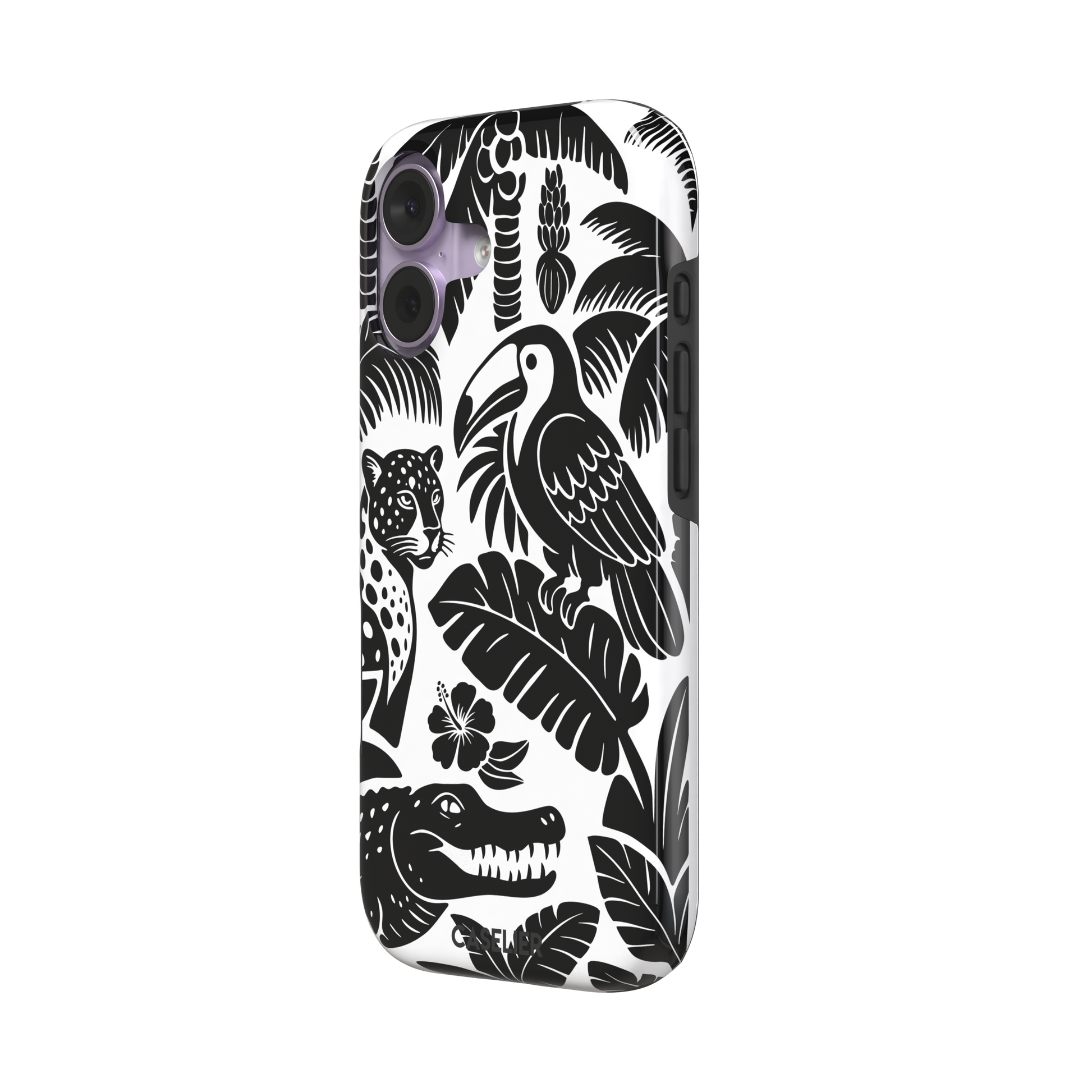 Tropical phone case in monochrome black and white showing the same jungle illustration of a leopard, toucan, crocodile, and tropical foliage — tough case, right view