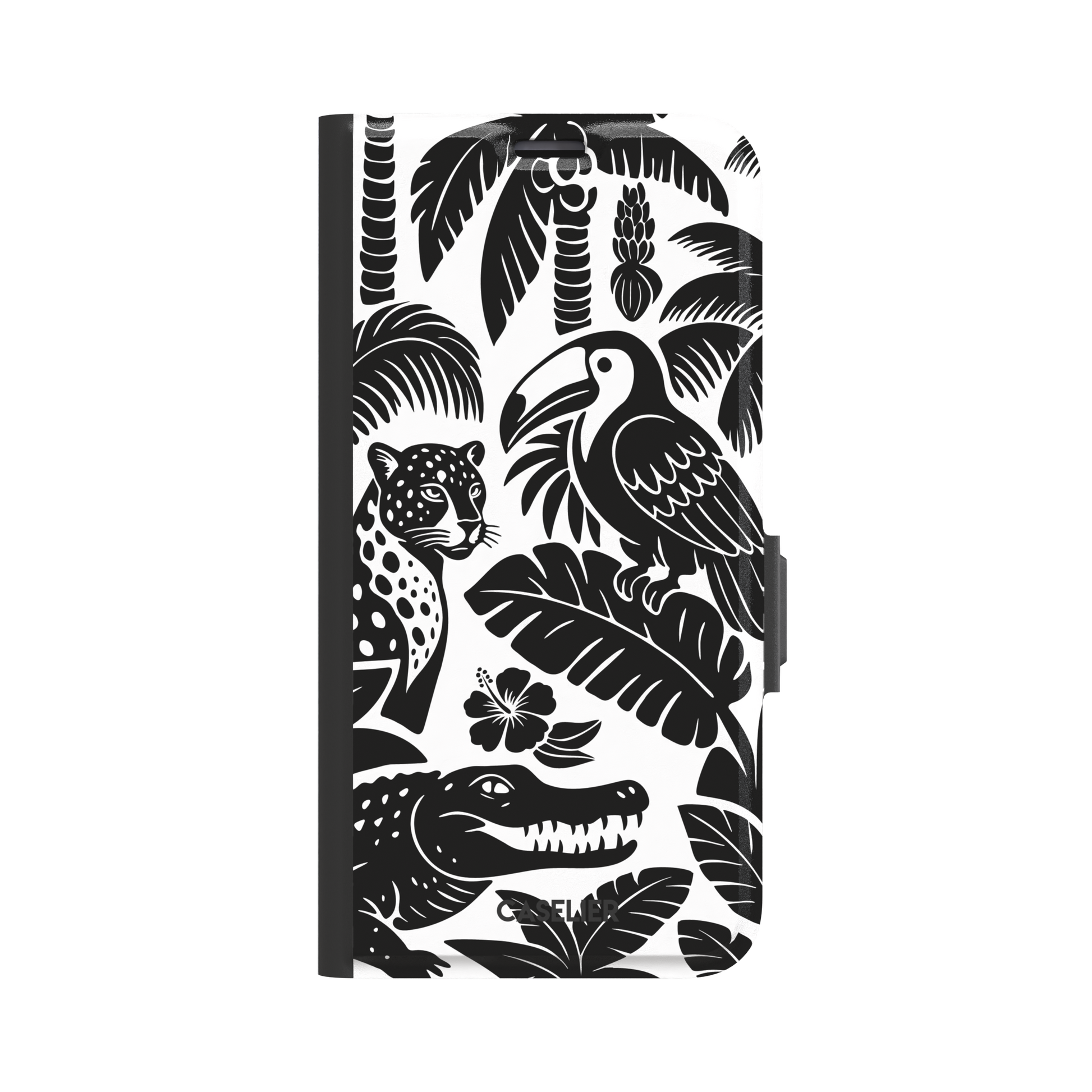 Tropical phone case in monochrome black and white showing the same jungle illustration of a leopard, toucan, crocodile, and tropical foliage — wallet case, front view