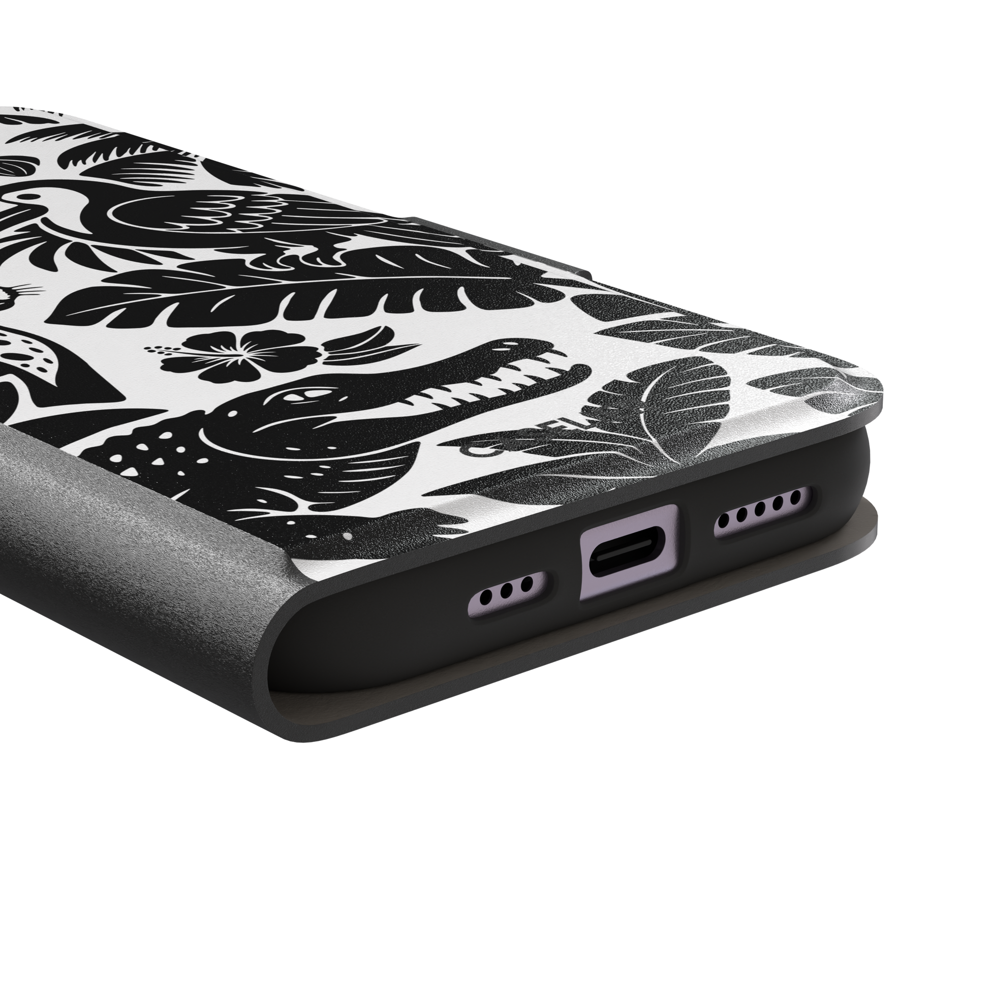 Tropical phone case in monochrome black and white showing the same jungle illustration of a leopard, toucan, crocodile, and tropical foliage — wallet case, charging port detail