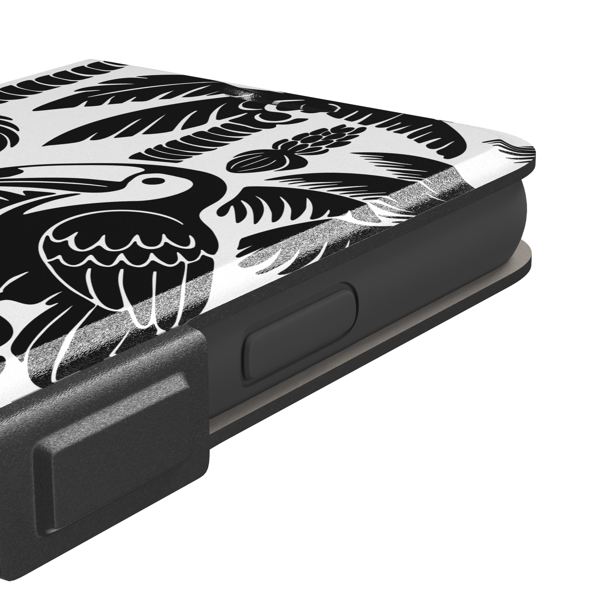 Tropical phone case in monochrome black and white showing the same jungle illustration of a leopard, toucan, crocodile, and tropical foliage — wallet case, volume buttons detail