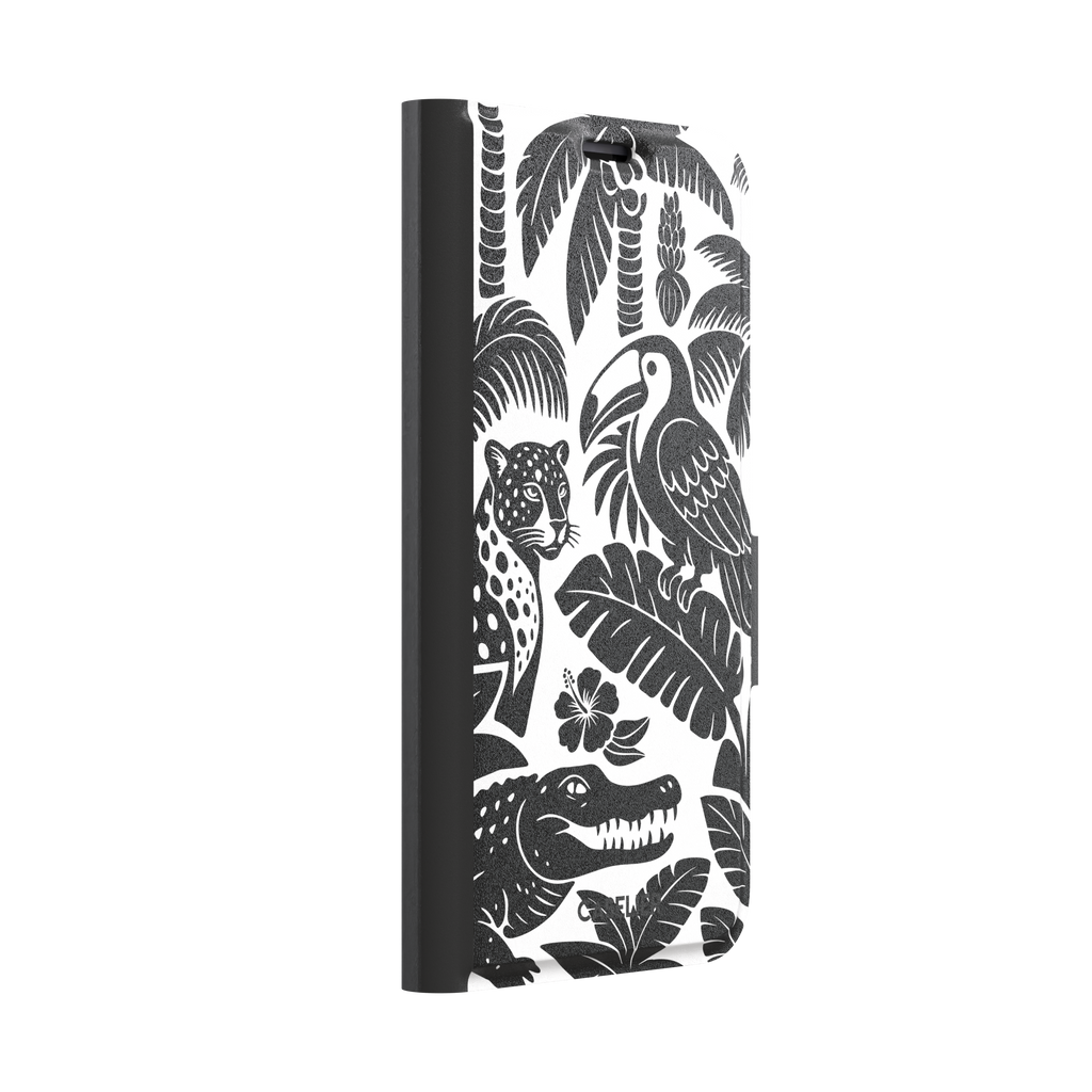 Tropical phone case in monochrome black and white showing the same jungle illustration of a leopard, toucan, crocodile, and tropical foliage — wallet case, left view