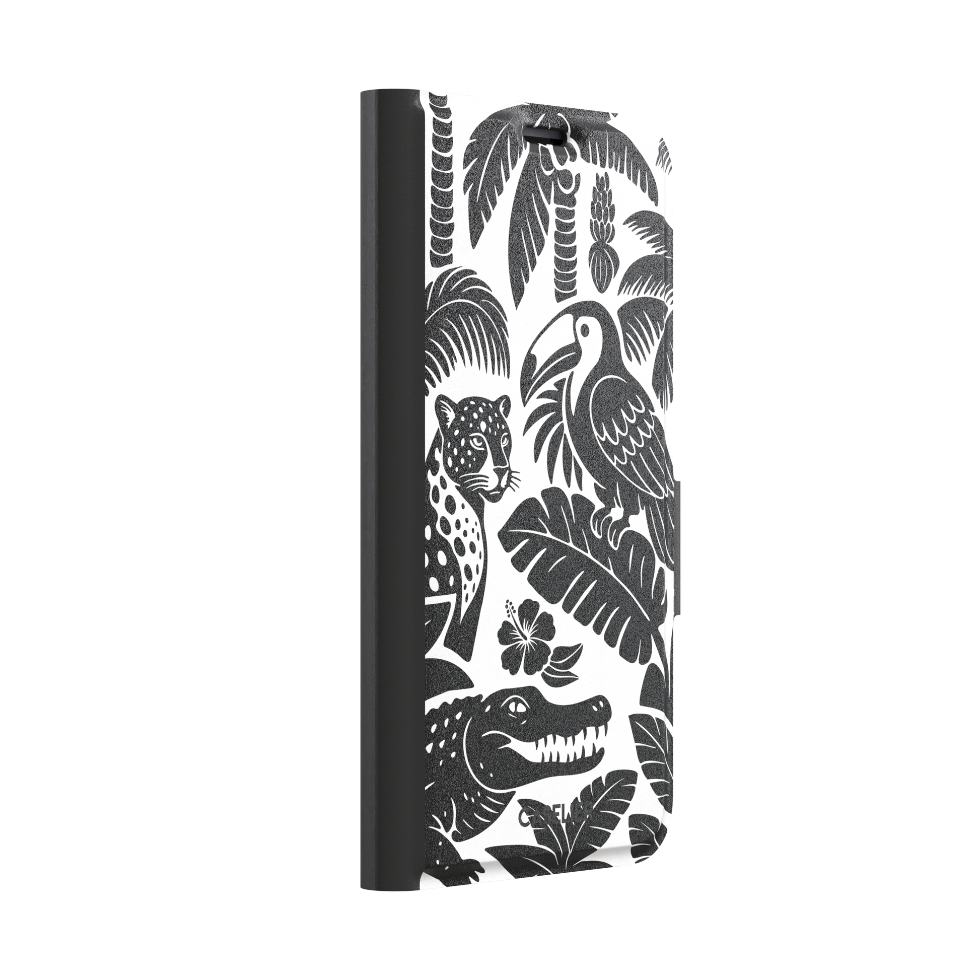 Tropical phone case in monochrome black and white showing the same jungle illustration of a leopard, toucan, crocodile, and tropical foliage — wallet case, left view