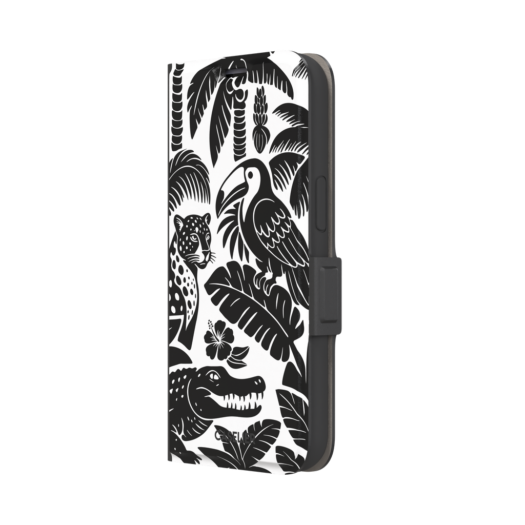Tropical phone case in monochrome black and white showing the same jungle illustration of a leopard, toucan, crocodile, and tropical foliage — wallet case, right view