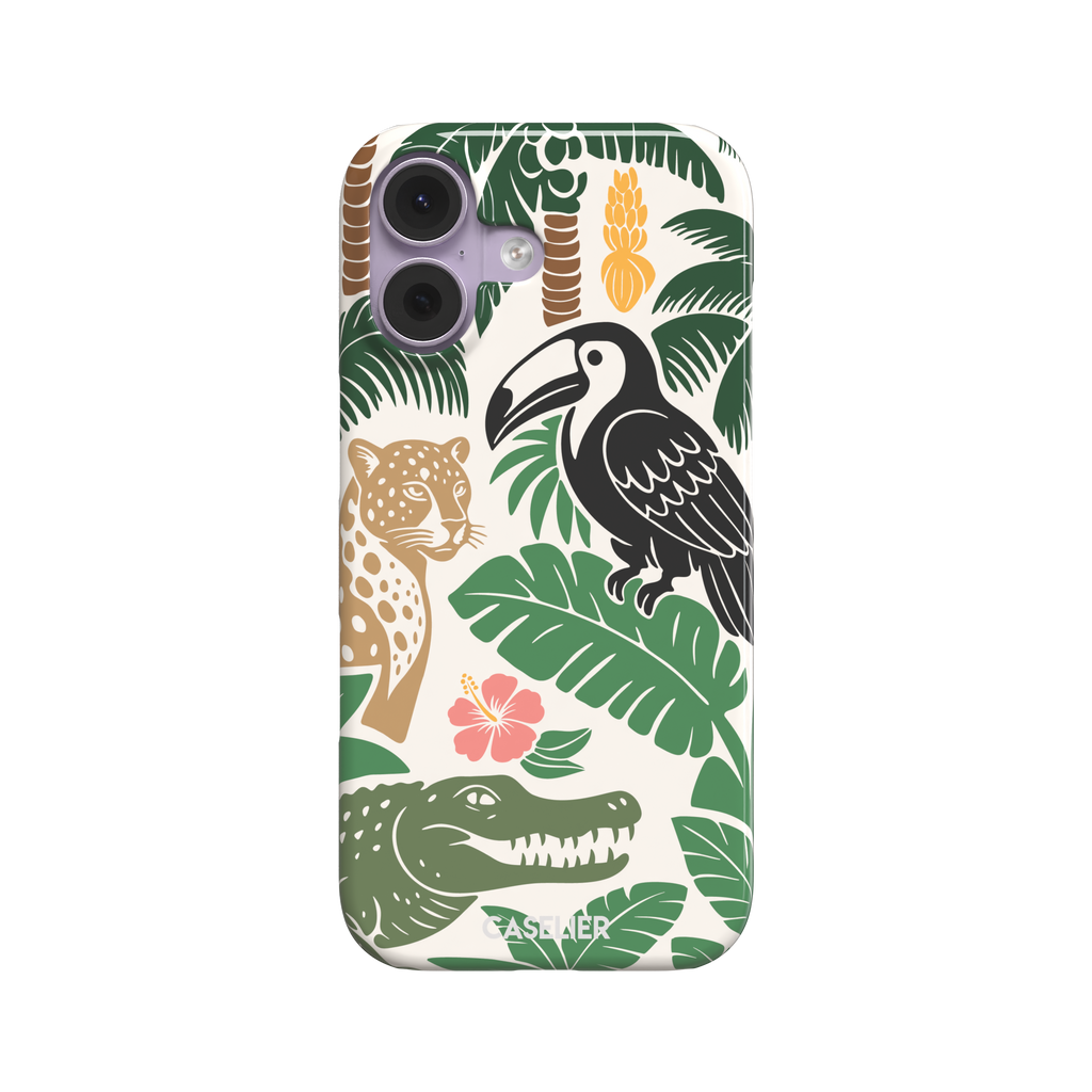 Tropical phone case in cream with bold flat-art illustration of a leopard, toucan, crocodile, hibiscus flower, and green palm and monstera leaves with golden banana accents — snap case, front view