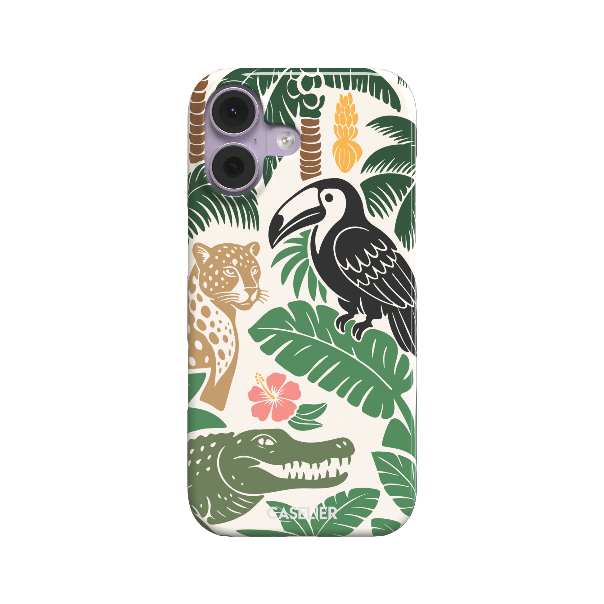 Tropical phone case in cream with bold flat-art illustration of a leopard, toucan, crocodile, hibiscus flower, and green palm and monstera leaves with golden banana accents — snap case, front view