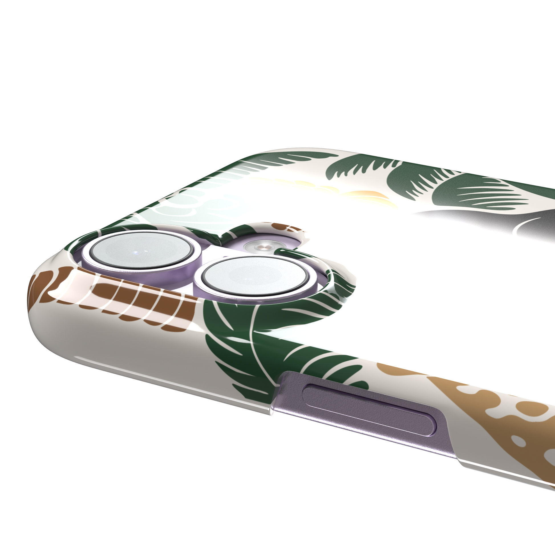 Tropical phone case in cream with bold flat-art illustration of a leopard, toucan, crocodile, hibiscus flower, and green palm and monstera leaves with golden banana accents — snap case, volume buttons detail