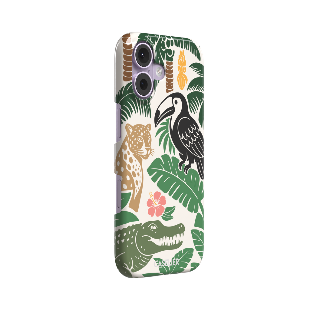 Tropical phone case in cream with bold flat-art illustration of a leopard, toucan, crocodile, hibiscus flower, and green palm and monstera leaves with golden banana accents — snap case, left view