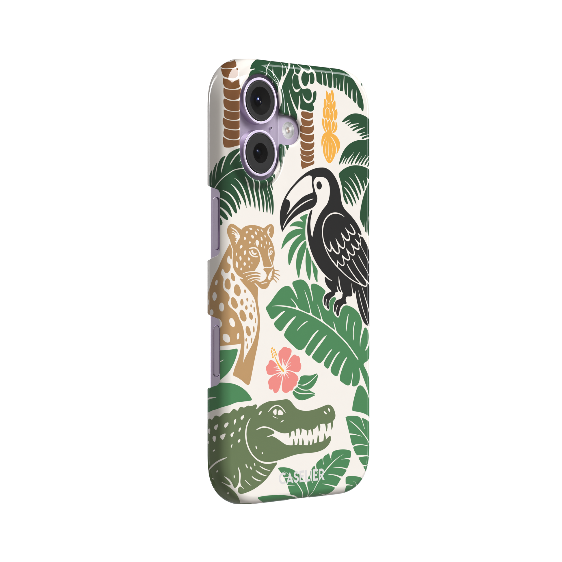 Tropical phone case in cream with bold flat-art illustration of a leopard, toucan, crocodile, hibiscus flower, and green palm and monstera leaves with golden banana accents — snap case, left view