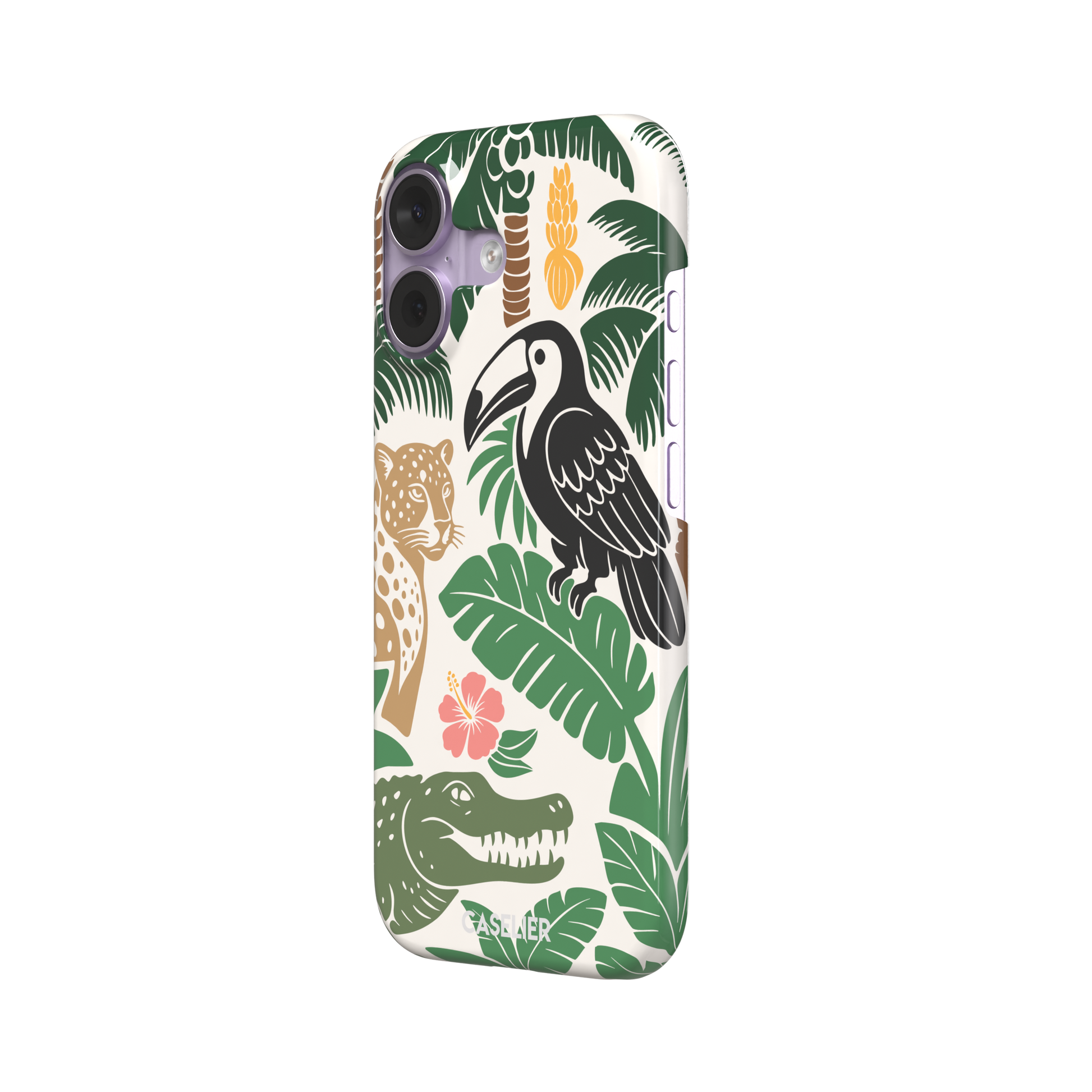 Tropical phone case in cream with bold flat-art illustration of a leopard, toucan, crocodile, hibiscus flower, and green palm and monstera leaves with golden banana accents — snap case, right view