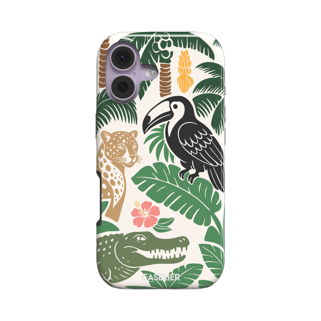 Tropical phone case in cream with bold flat-art illustration of a leopard, toucan, crocodile, hibiscus flower, and green palm and monstera leaves with golden banana accents — tough case, front view