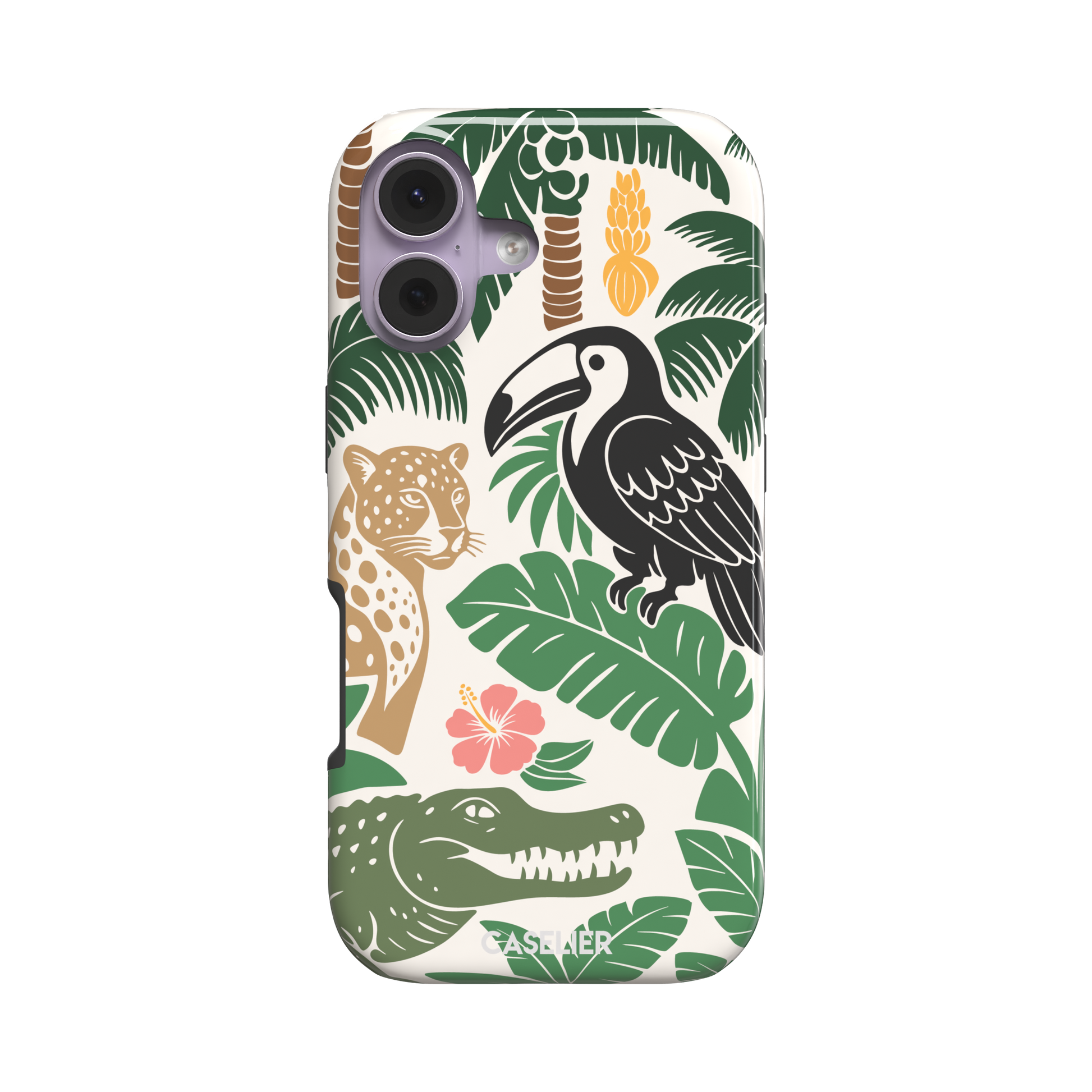 Tropical phone case in cream with bold flat-art illustration of a leopard, toucan, crocodile, hibiscus flower, and green palm and monstera leaves with golden banana accents — tough case, front view