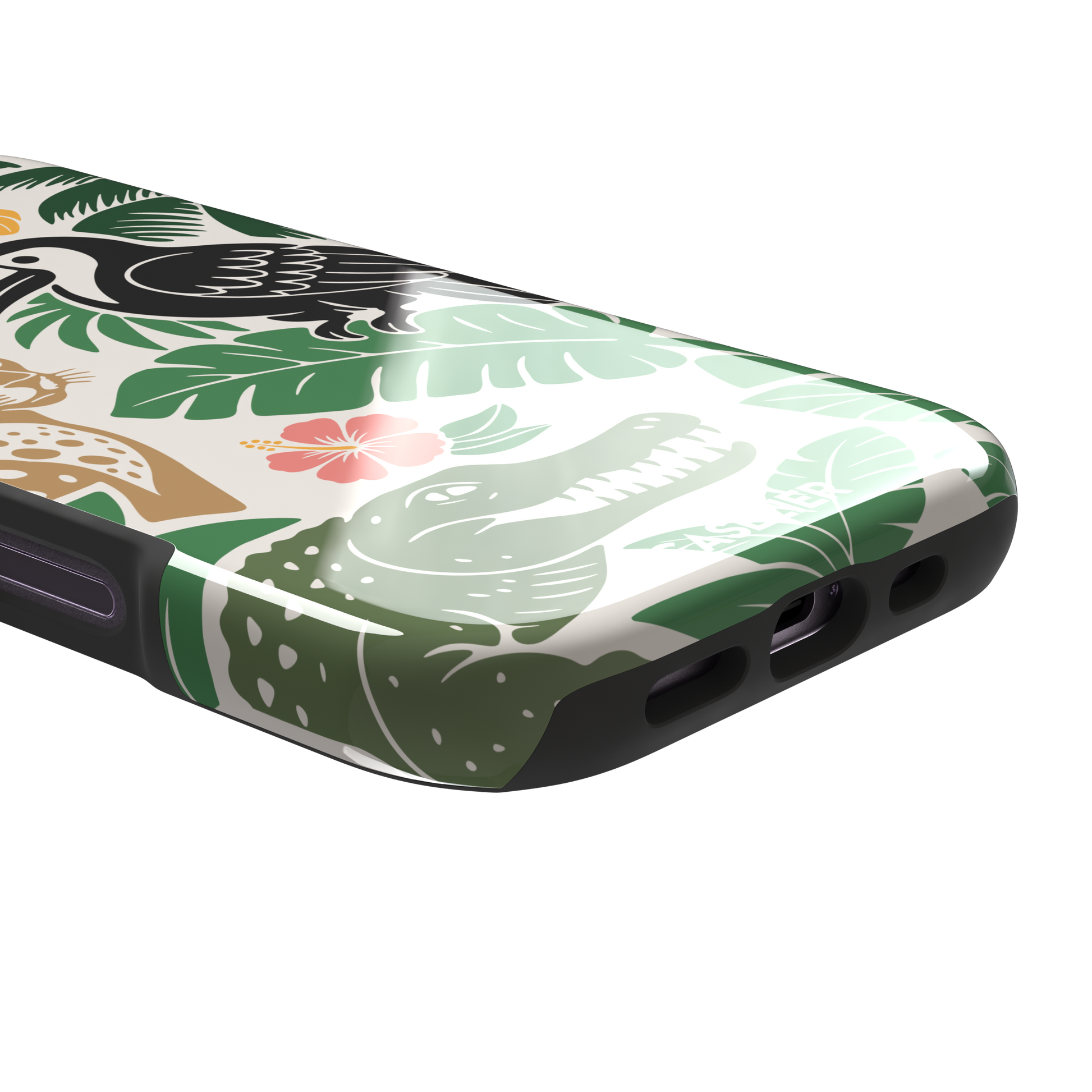 Tropical phone case in cream with bold flat-art illustration of a leopard, toucan, crocodile, hibiscus flower, and green palm and monstera leaves with golden banana accents — tough case, charging port detail
