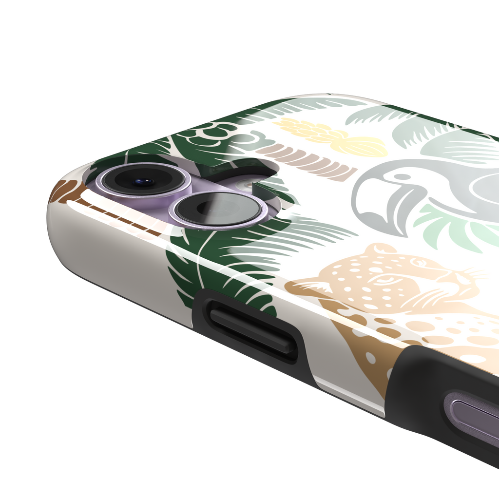 Tropical phone case in cream with bold flat-art illustration of a leopard, toucan, crocodile, hibiscus flower, and green palm and monstera leaves with golden banana accents — tough case, volume buttons detail