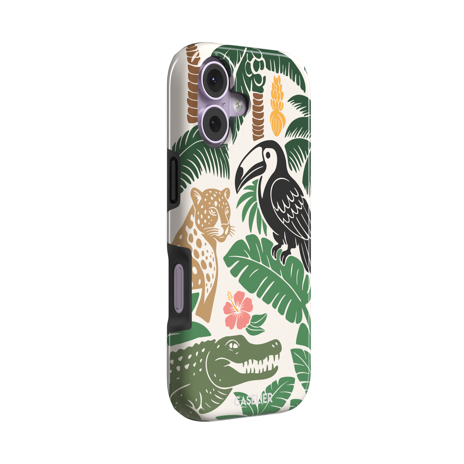 Tropical phone case in cream with bold flat-art illustration of a leopard, toucan, crocodile, hibiscus flower, and green palm and monstera leaves with golden banana accents — tough case, left view