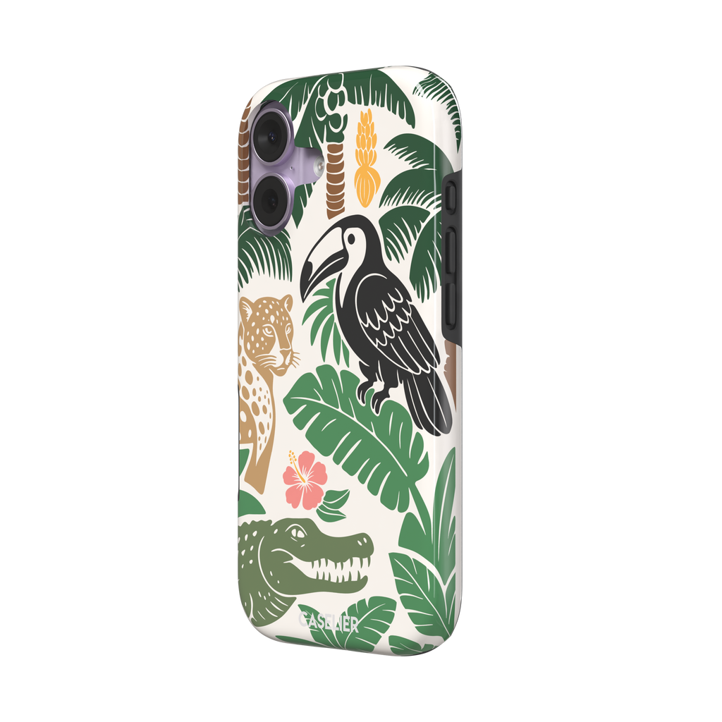 Tropical phone case in cream with bold flat-art illustration of a leopard, toucan, crocodile, hibiscus flower, and green palm and monstera leaves with golden banana accents — tough case, right view