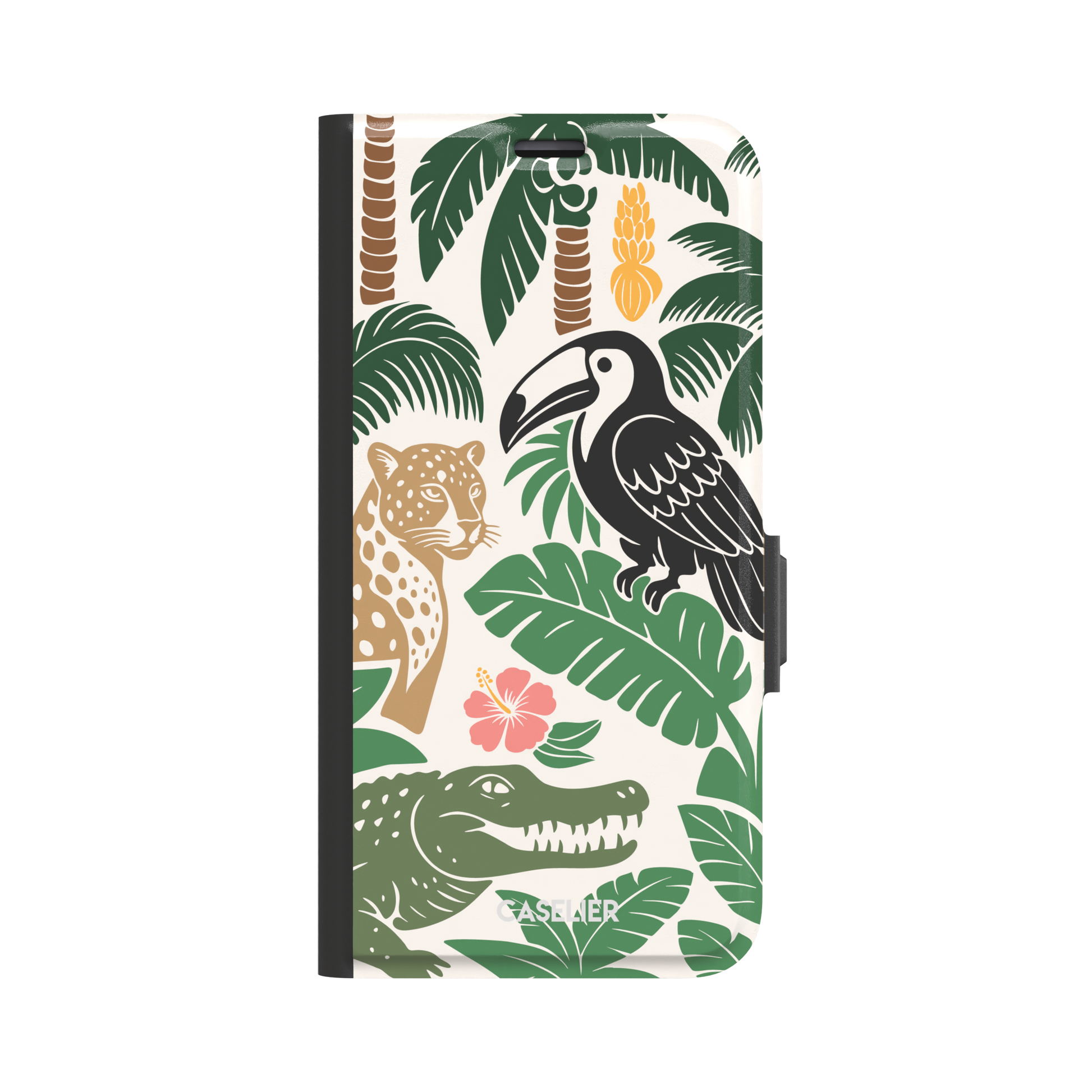 Tropical phone case in cream with bold flat-art illustration of a leopard, toucan, crocodile, hibiscus flower, and green palm and monstera leaves with golden banana accents — wallet case, front view